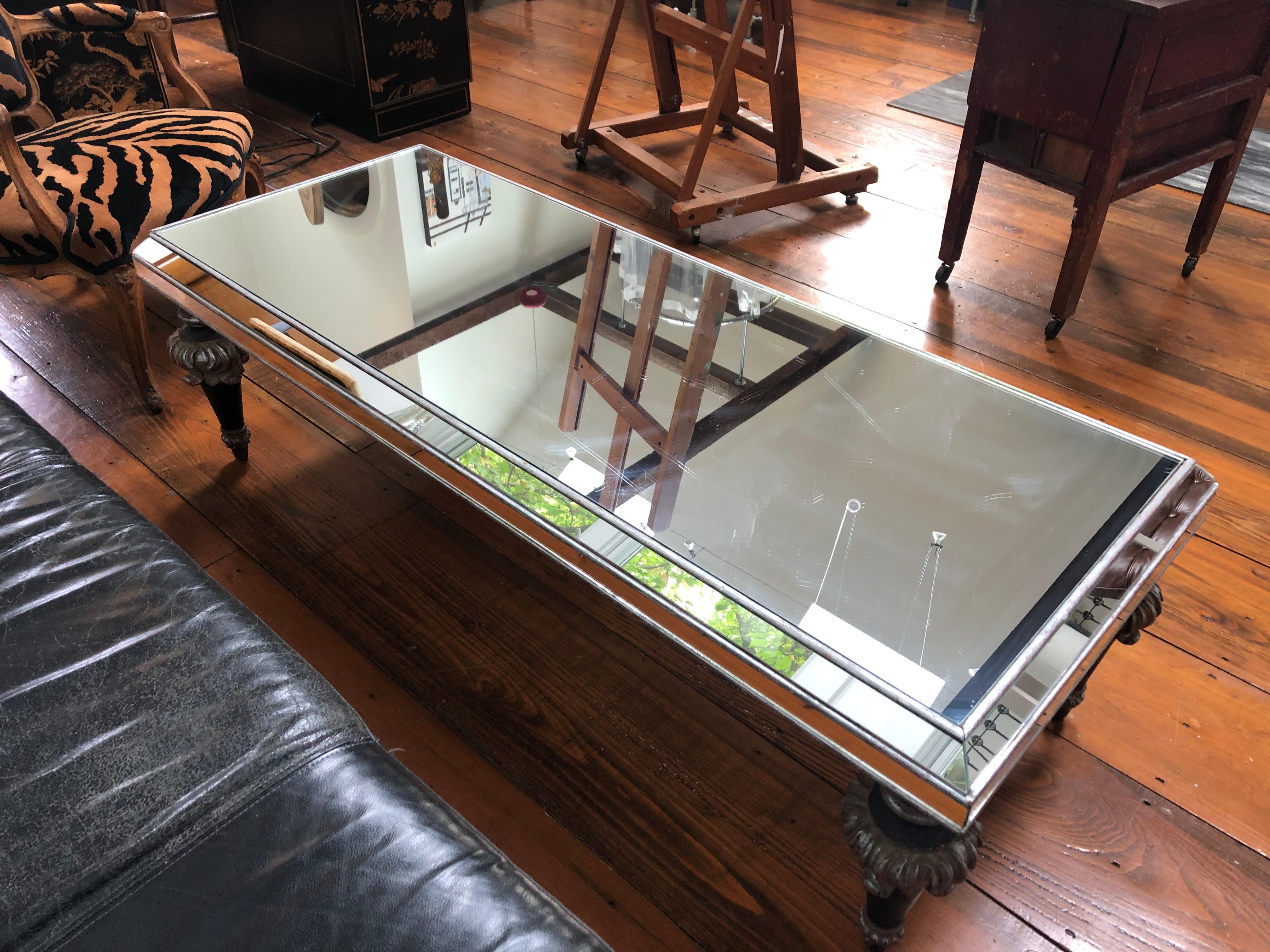 Mid-20th Century Glamorous Vintage Mirrored Coffeetable with Splendid Fancy Carved Wood Legs