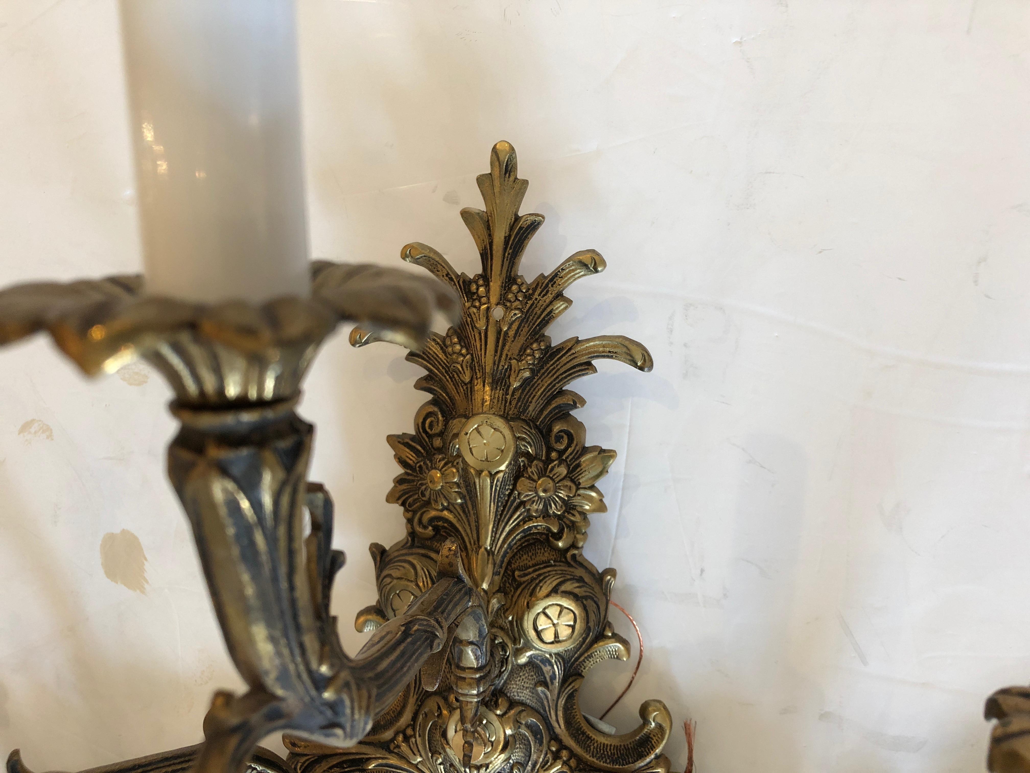 Glamorous Vintage Spanish Brass Seven Arm Wall Sconce In Excellent Condition In Hopewell, NJ