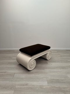 Glamorous Waterfall Style Cream Lacquer Ottoman with Brown Mohair Upholstery