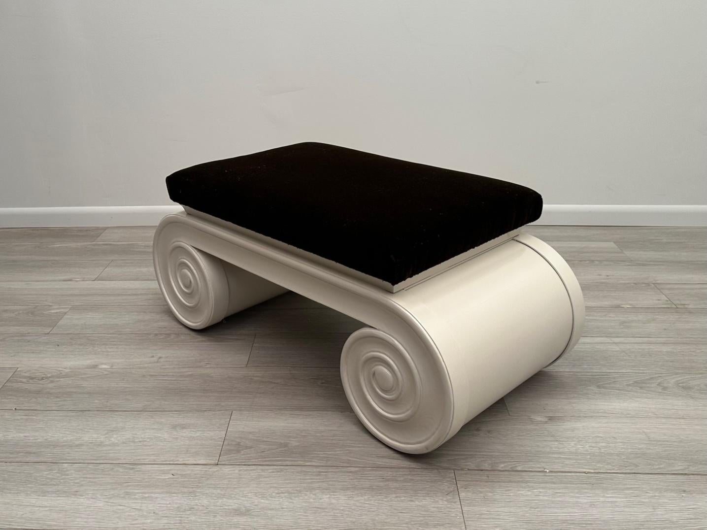 Late 20th Century Glamorous Waterfall Style Cream Lacquer Ottoman with Brown Mohair Upholstery For Sale
