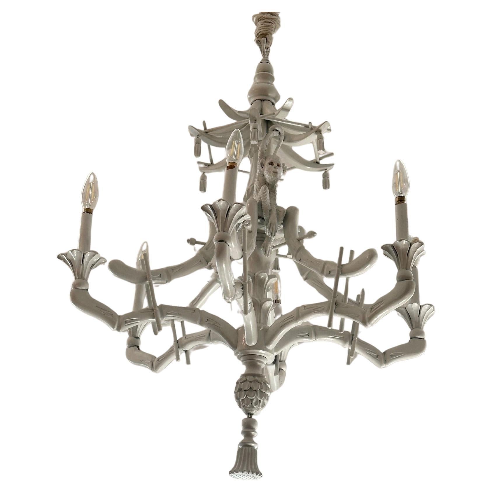 Glamorous White Hollywood Regency Monkey Pagoda Motif Chandelier For Sale