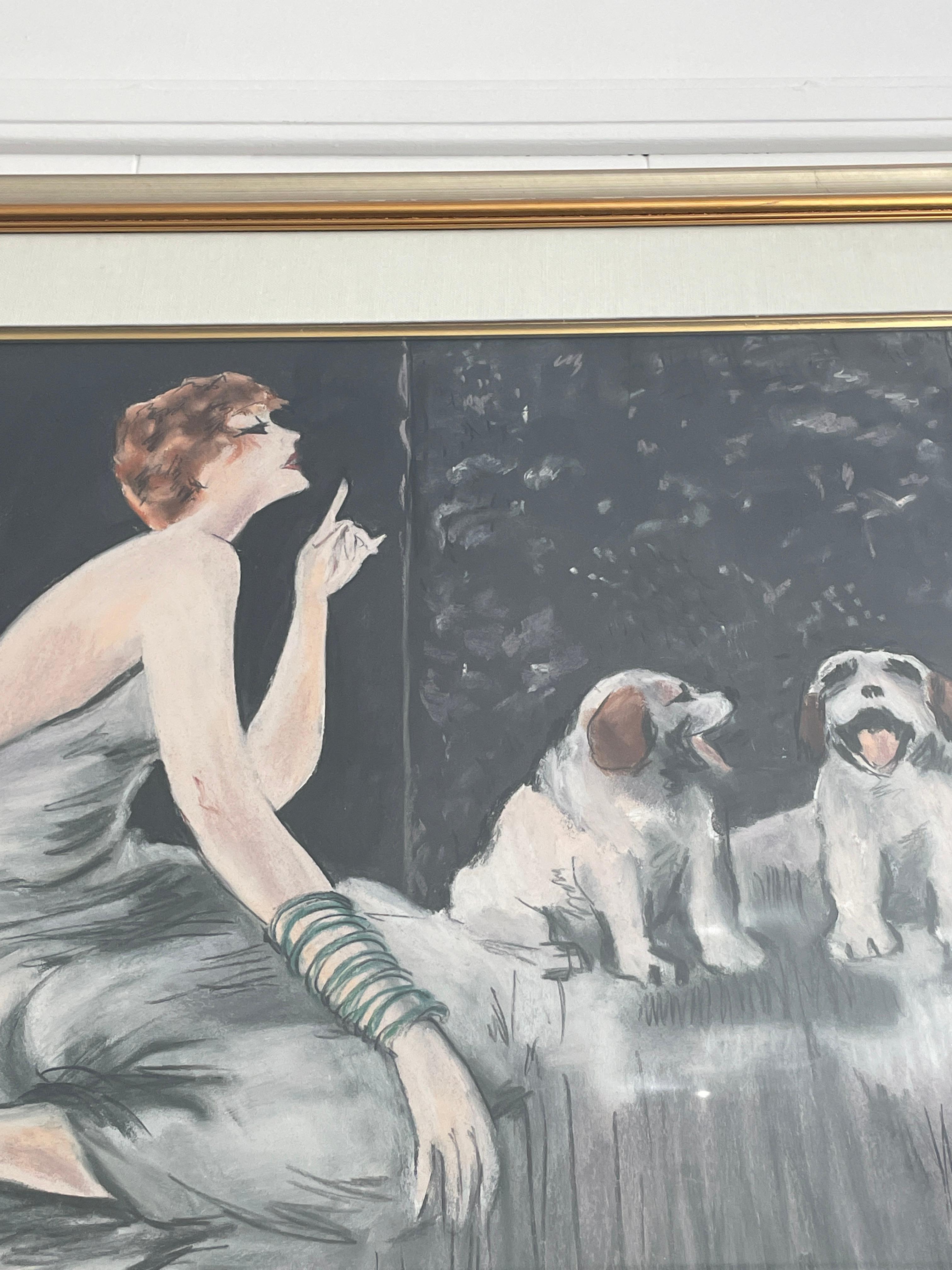 Late 20th Century Glamorous Woman with Dogs, Pastel Drawing by artist T Cart For Sale