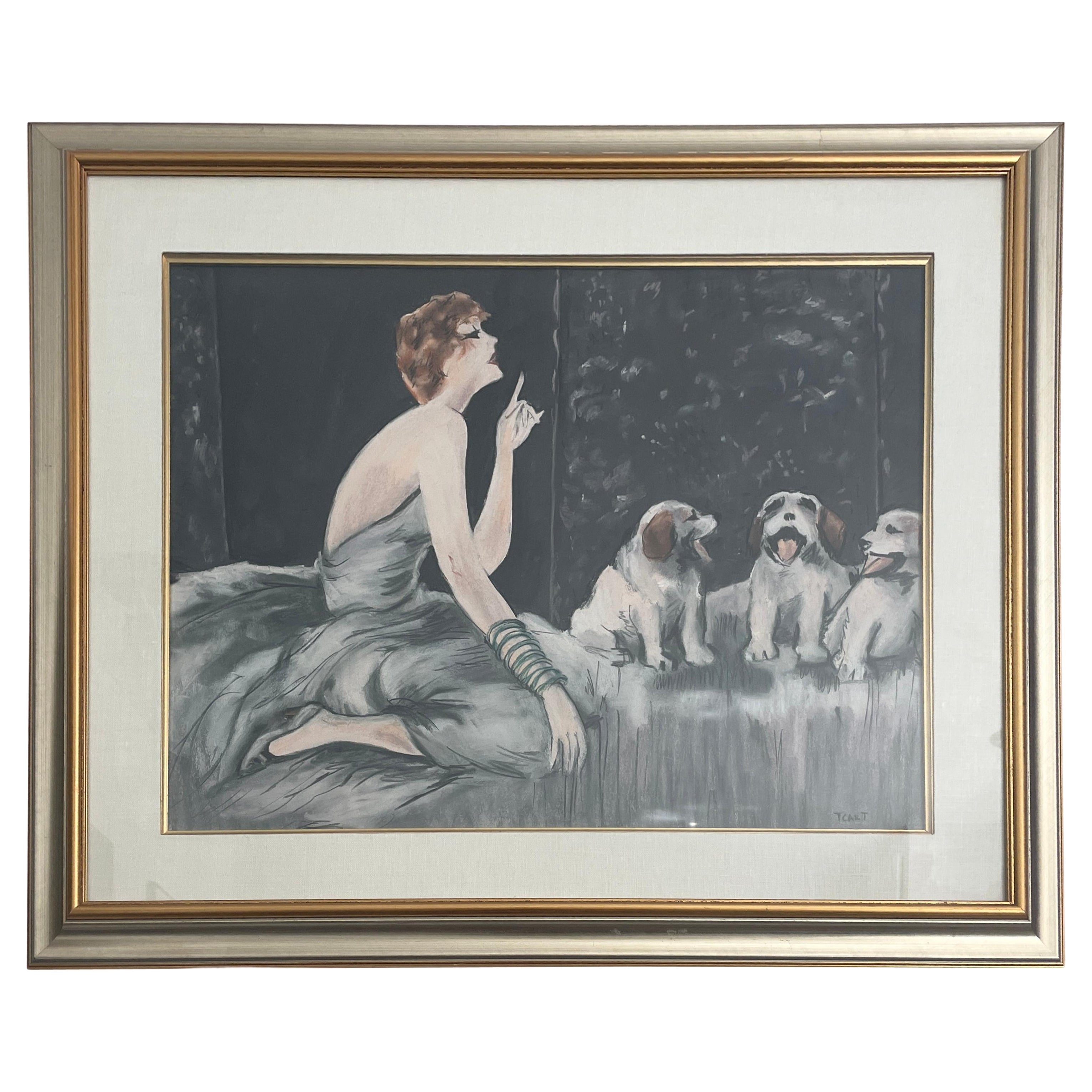 Mujer glamurosa con perros, dibujo al pastel del artista T Cart en venta