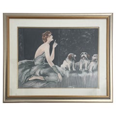 Donna affascinante con cani, disegno a pastello dell'artista T Cart