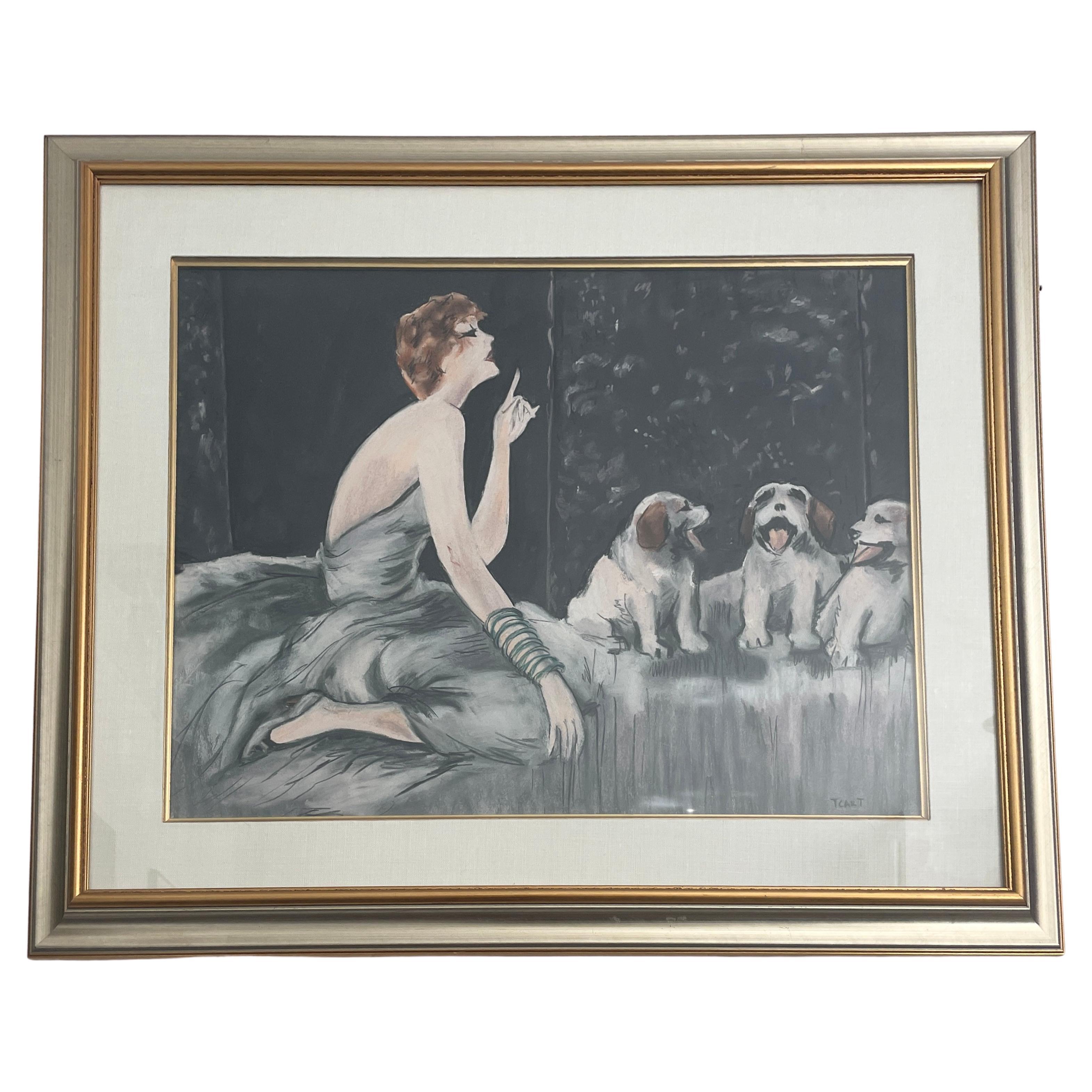 Glamorous Woman with Dogs, Pastel Drawing by artist T Cart For Sale