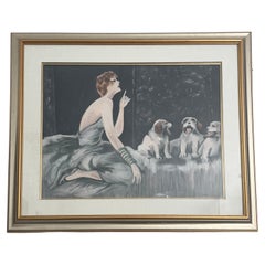 Vintage Glamorous Woman with Dogs, Pastel Drawing by artist T Cart