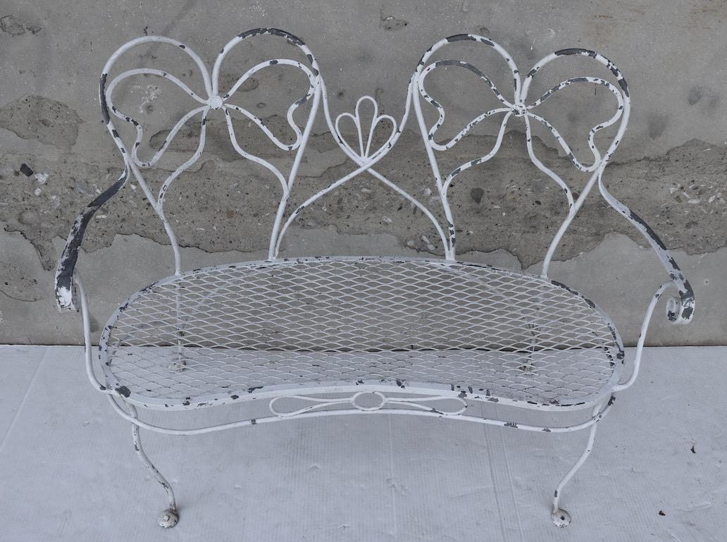 20th Century Glamorous Wrought Iron Garden Bench with Bow Tie Back