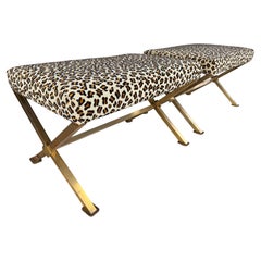 Glamorous X-Frame Brass Benches in Leopard Print, PAIR