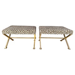Glamorous X-Frame Brass Benches in Leopard Print, PAIR