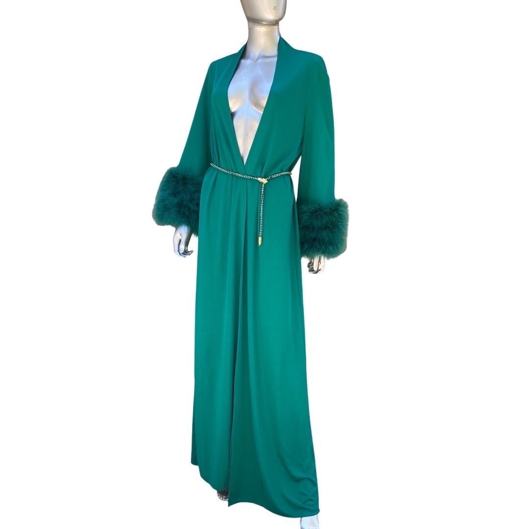 Women's Glamour Emerald Green Vintage Marabou Cuff Dress/Robe/Coat One Size