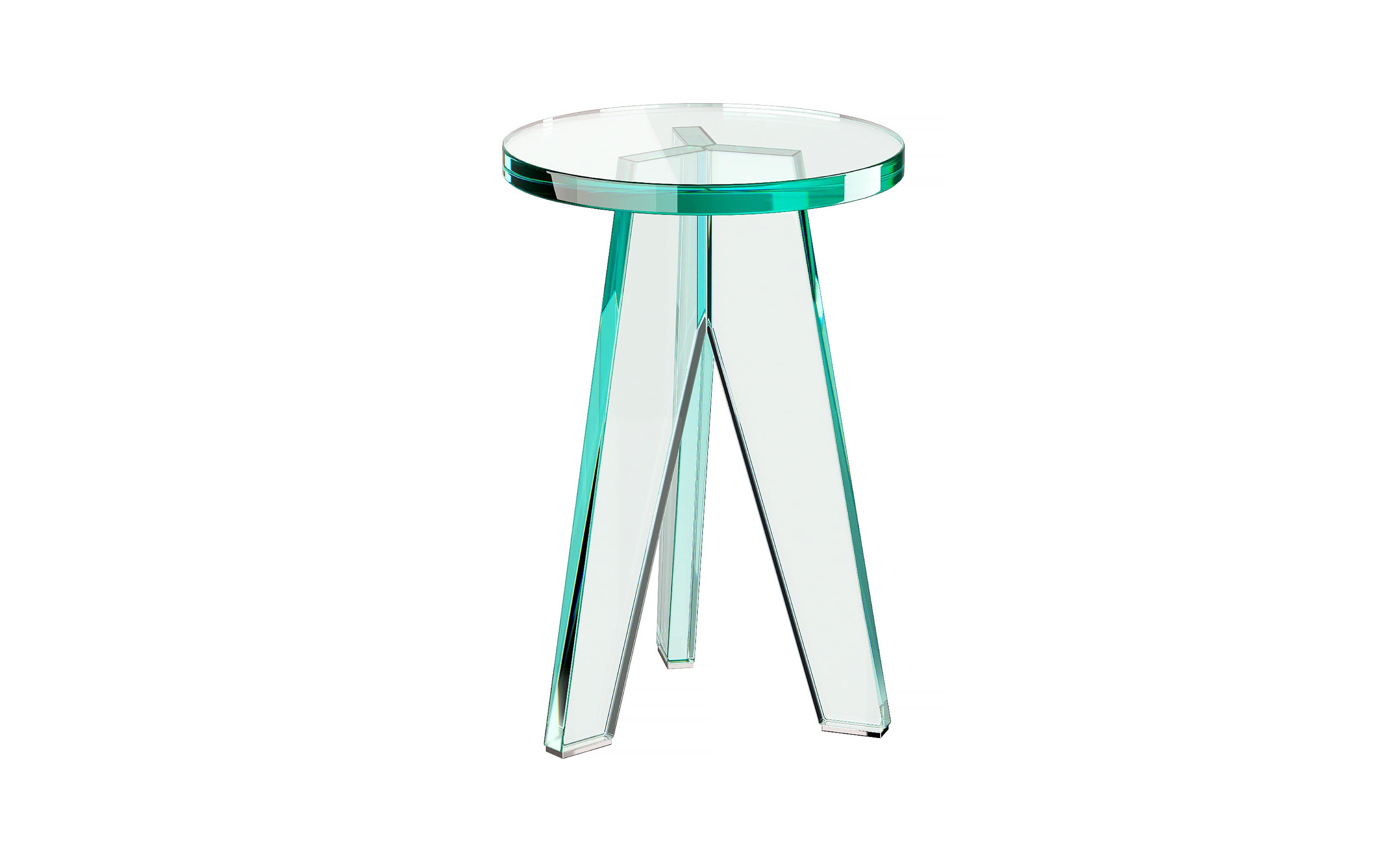 Tabouret ou table d'appoint en verre transparent trempé de 24 mm collé aux UV. 
À l'issue de processus de fabrication sophistiqués et complexes, un 
L'objet entièrement en verre a été créé avec une grande résistance à la charge et à l'usure. 
des