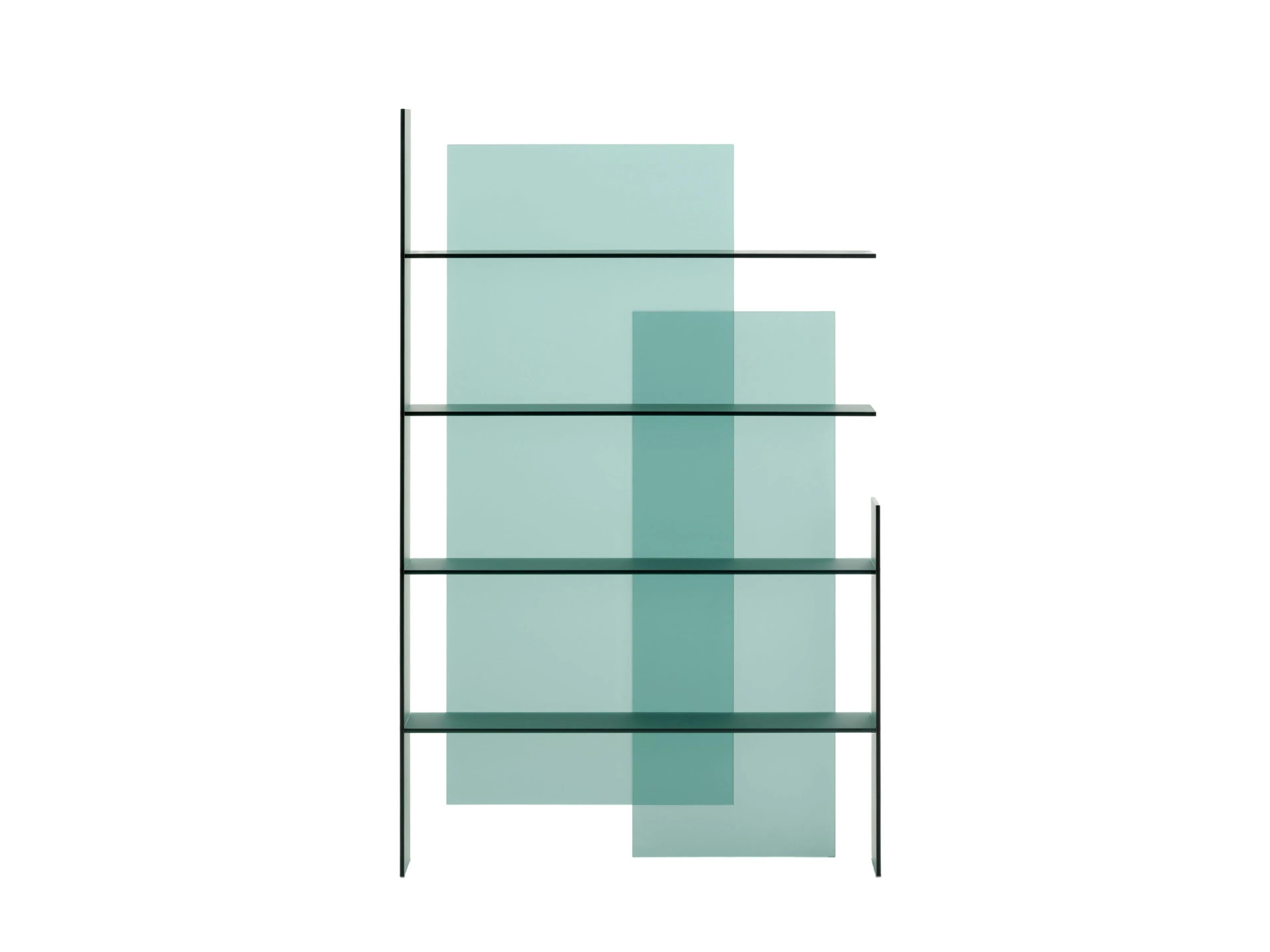 Collection of furniture comprising shelves, consoles, bookcase and low tables, completely made of a special 10 mm tempered green or extra-clear double-sided acid-etched glass. Each item is a composition of interlocked and overlapping glass sheets