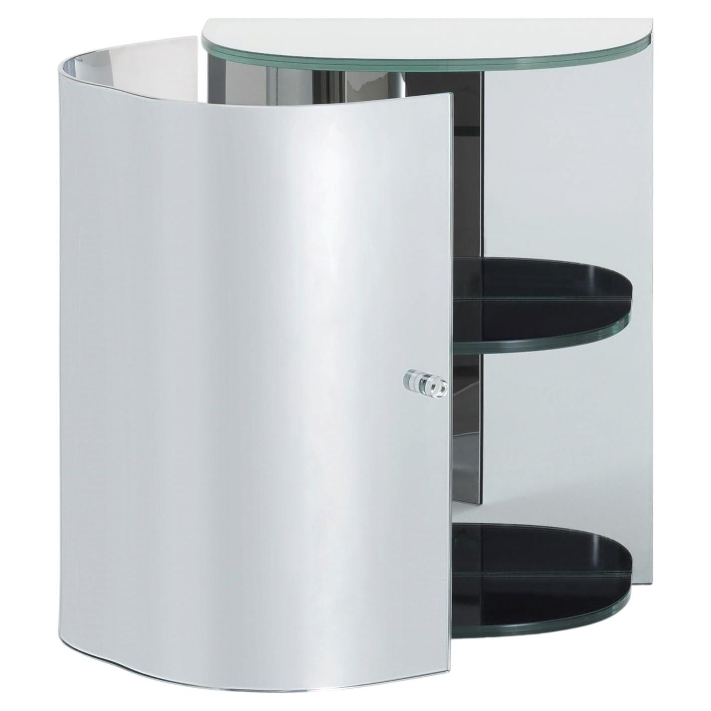 Glas Italia Oltralpe Bedside Table in Mirrored Glass by Inga Sempé - Hinged Door