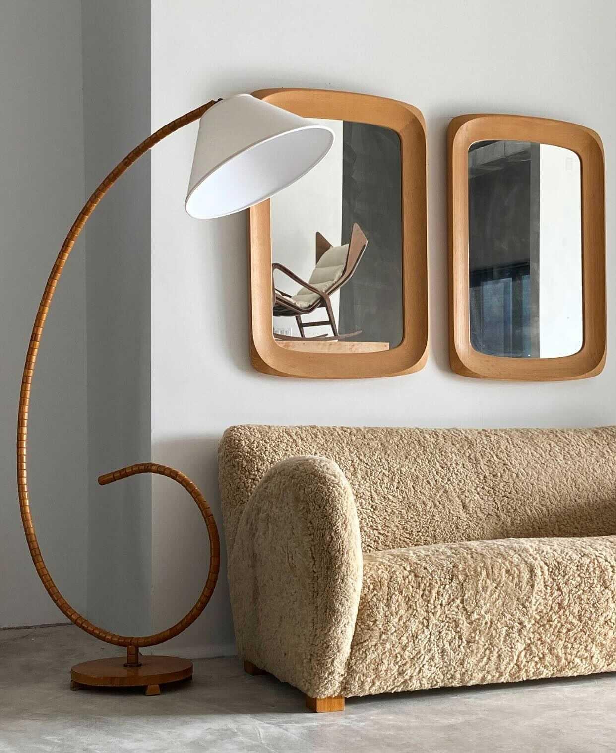 Mid-Century Modern Glas & Trä, Sculptural Wall Mirror, Oak, Crystal Glass, 1960s