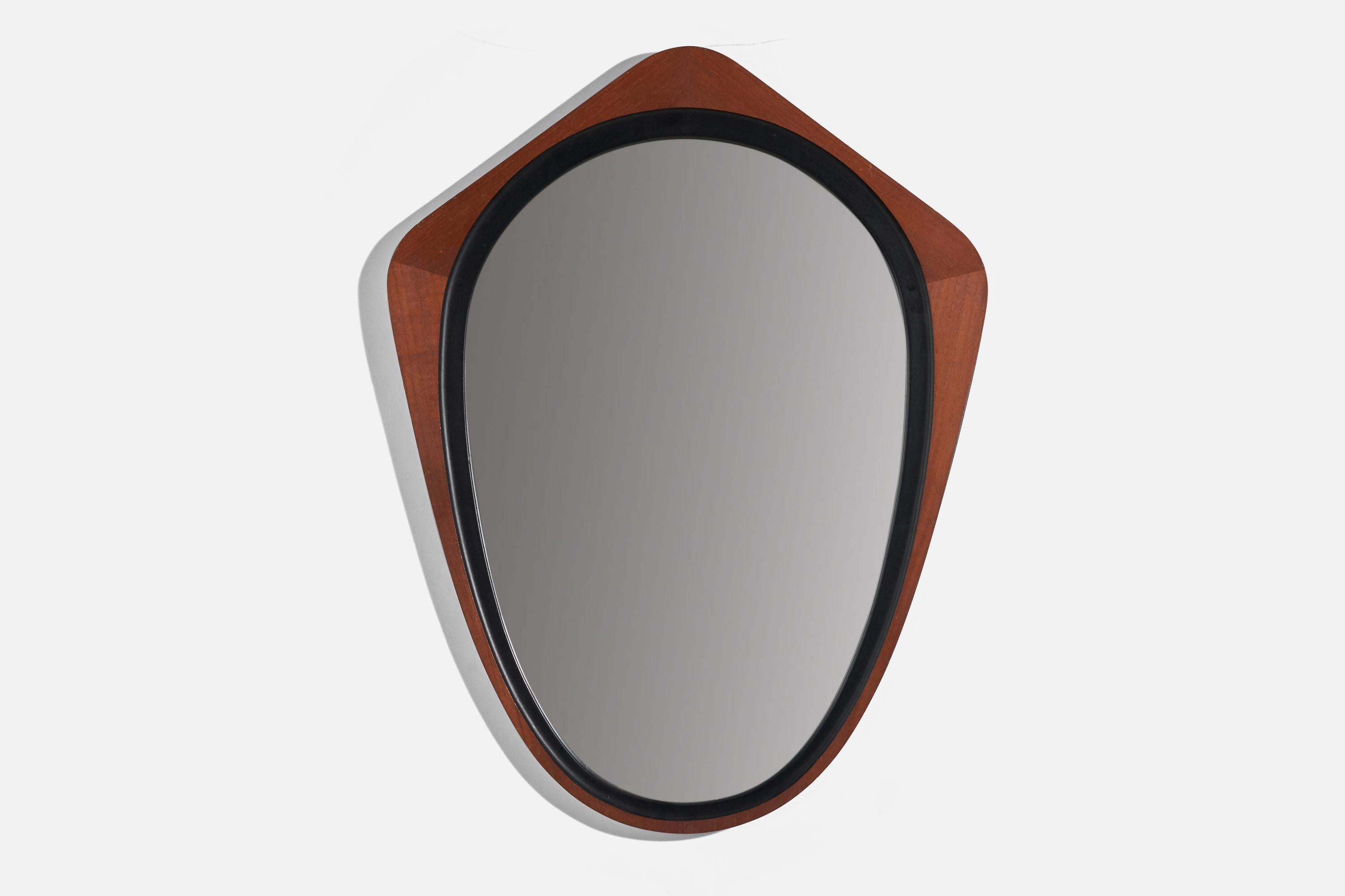A rosewood and black-painted wood wall mirror designed by Glas & Trä and produced by Hovmantorp, Sweden, 1950s.