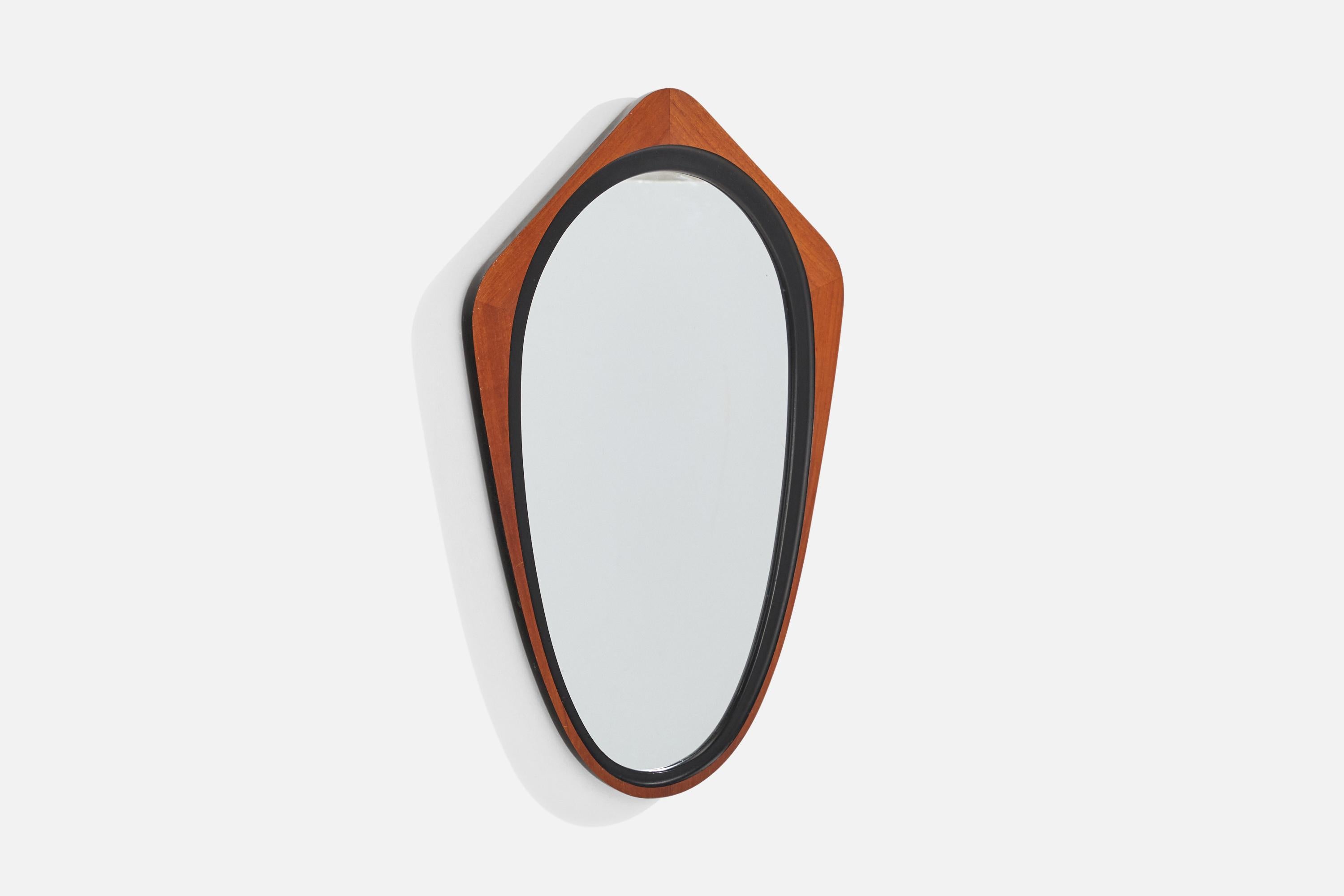 A rosewood and black-painted wood wall mirror designed by Glas & Trä and produced by Hovmantorp, Sweden, 1950s.