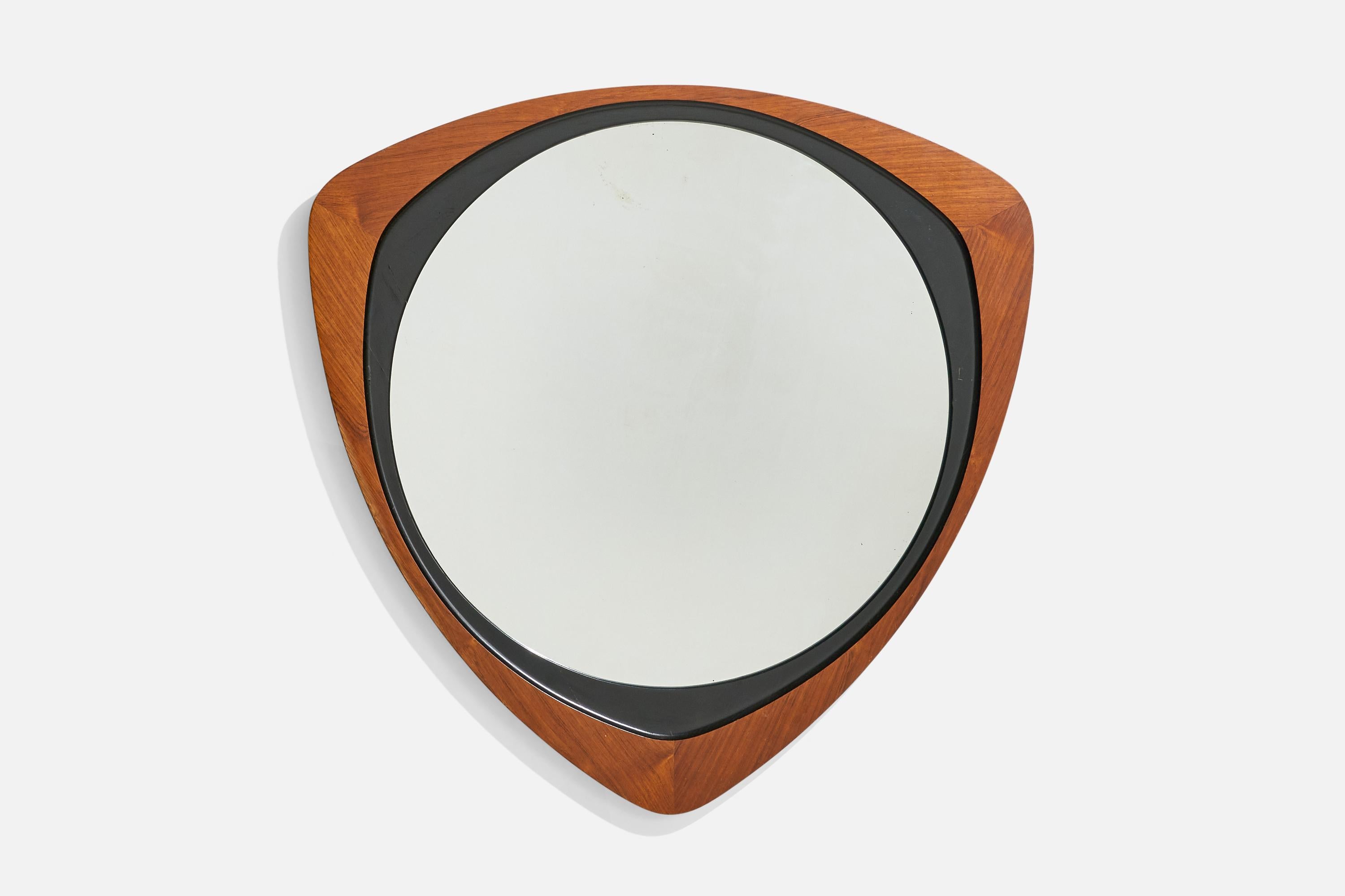 A rosewood and black-painted wood wall mirror designed and produced by Glas & Trä, Sweden, 1950s.