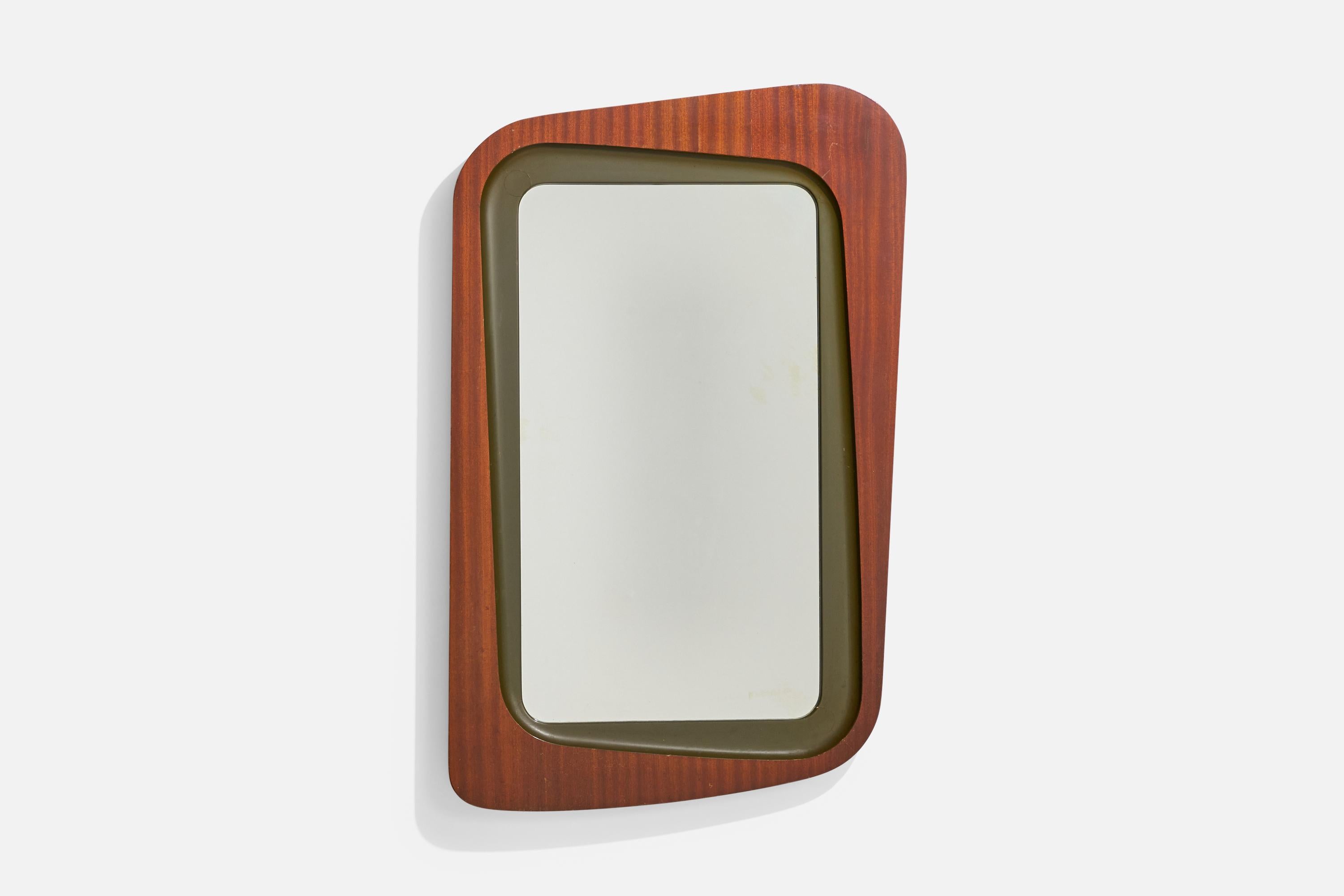 A rosewood, green-painted wood and crystal glass wall mirror designed and produced by Glas & Trä, Hovmantorp, Sweden, 1950s.