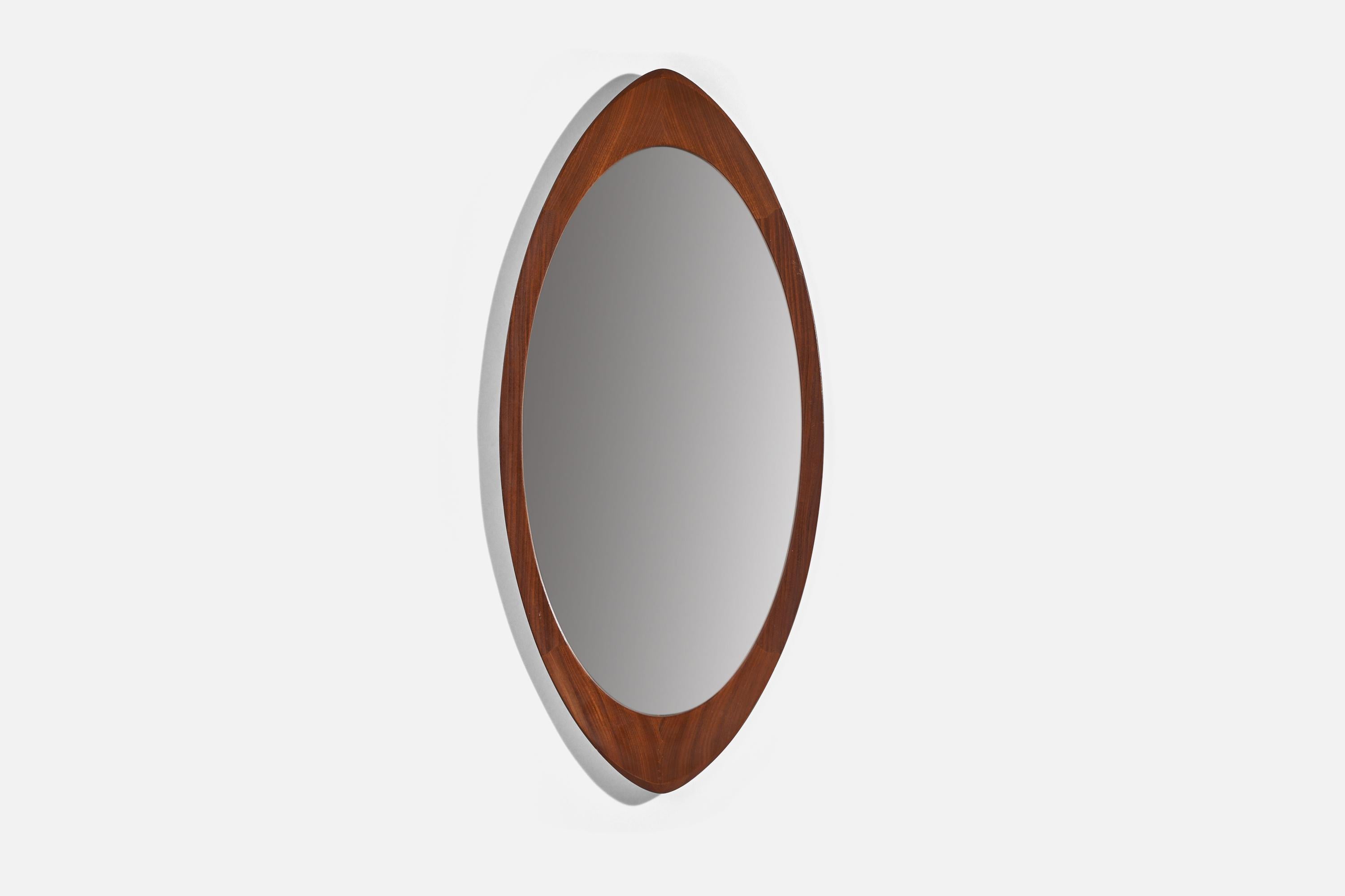 A teak wall mirror designed and produced by AB Glas & Trä, Hovmantorp, Sweden, 1950s. 