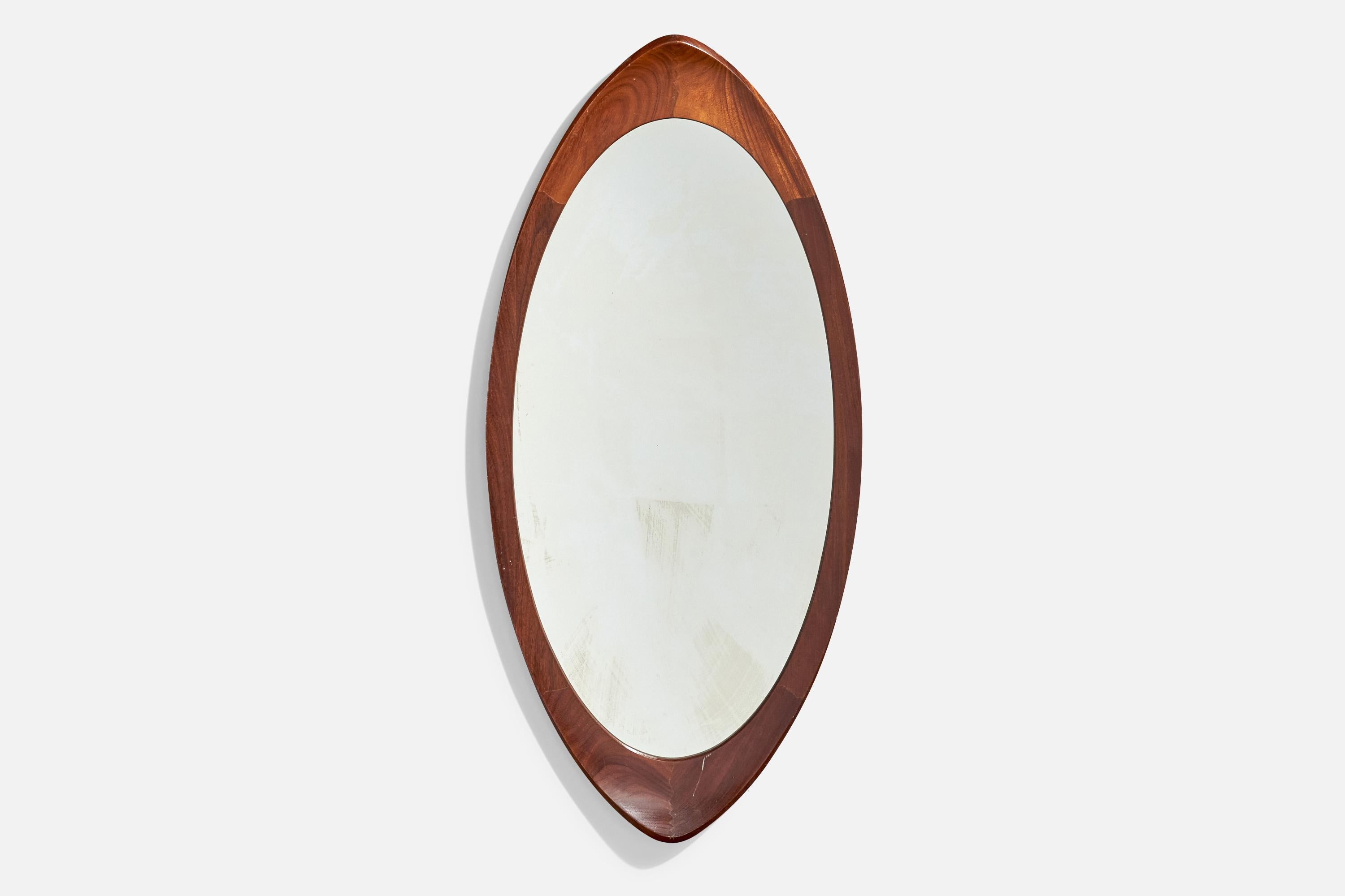 A teak wall mirror designed and produced by AB Glas & Trä, Hovmantorp, Sweden, 1950s. 