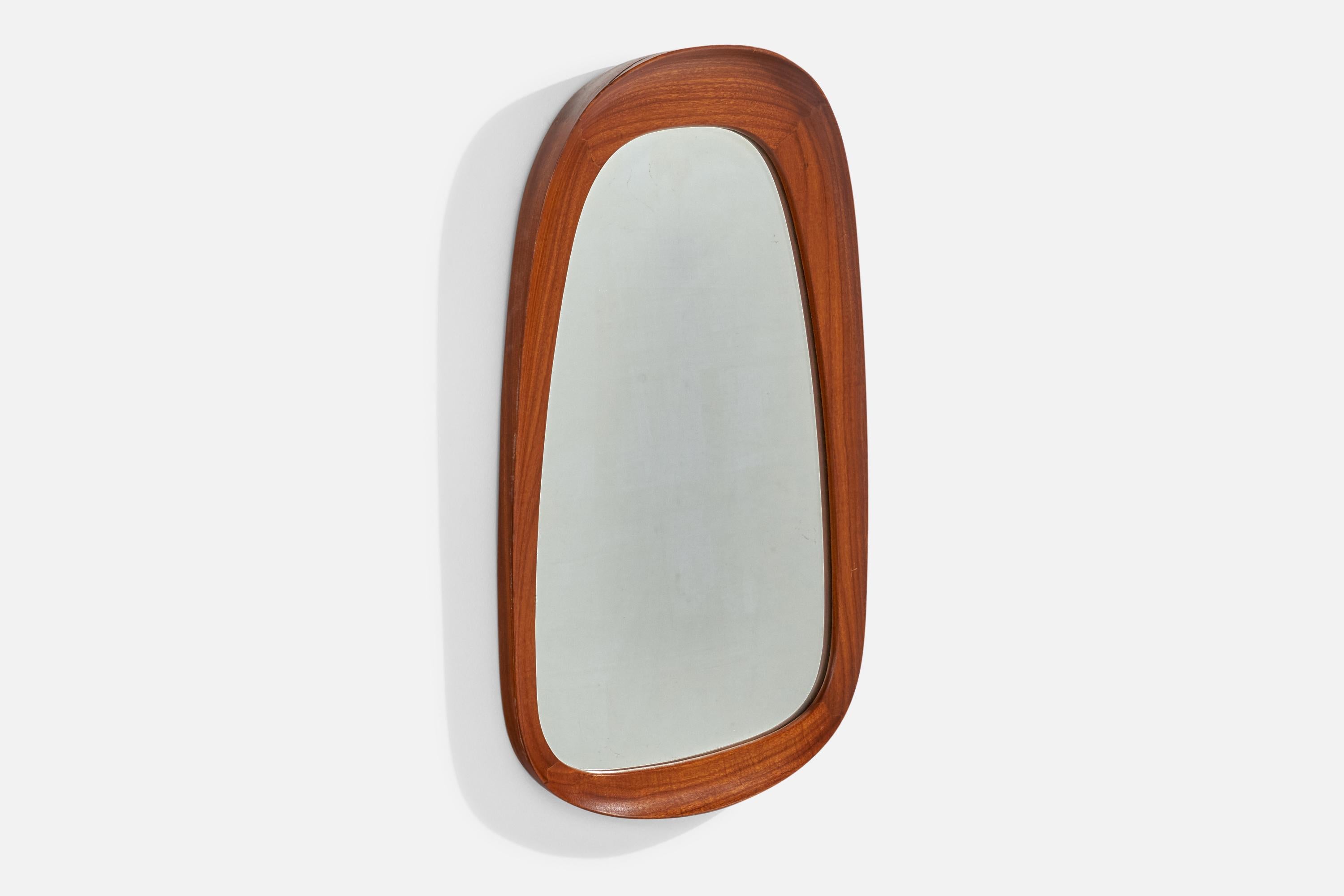 Mid-Century Modern Glas & Trä, Wall Mirror, Teak, Hovmantorp, Sweden, 1950s For Sale