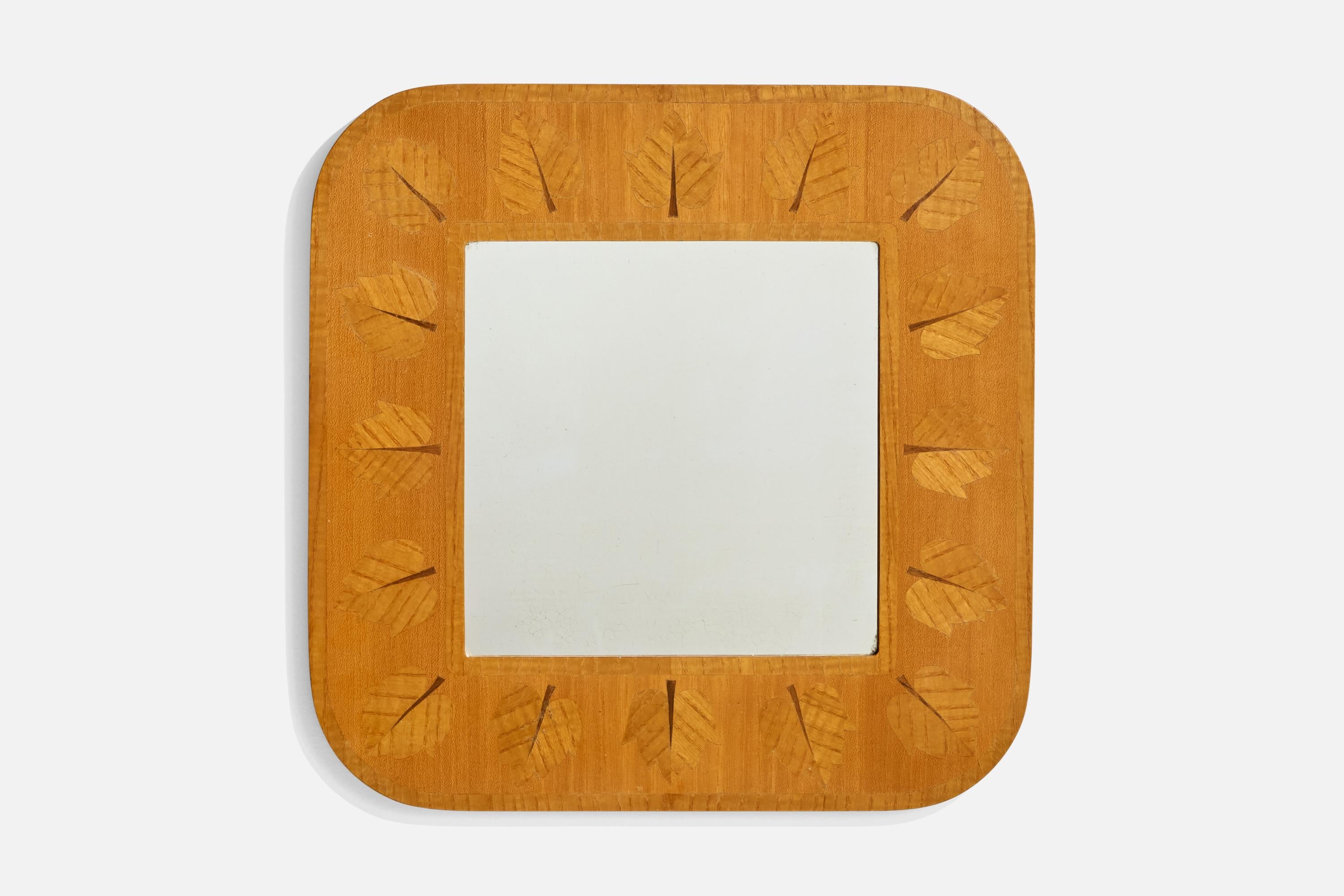A wood mirror with inlay details produced by Glas & Trä, Hovmantorp, Sweden, c. 1960s.

Dimensions: 12.6” H x 12.6” W x .5” D
