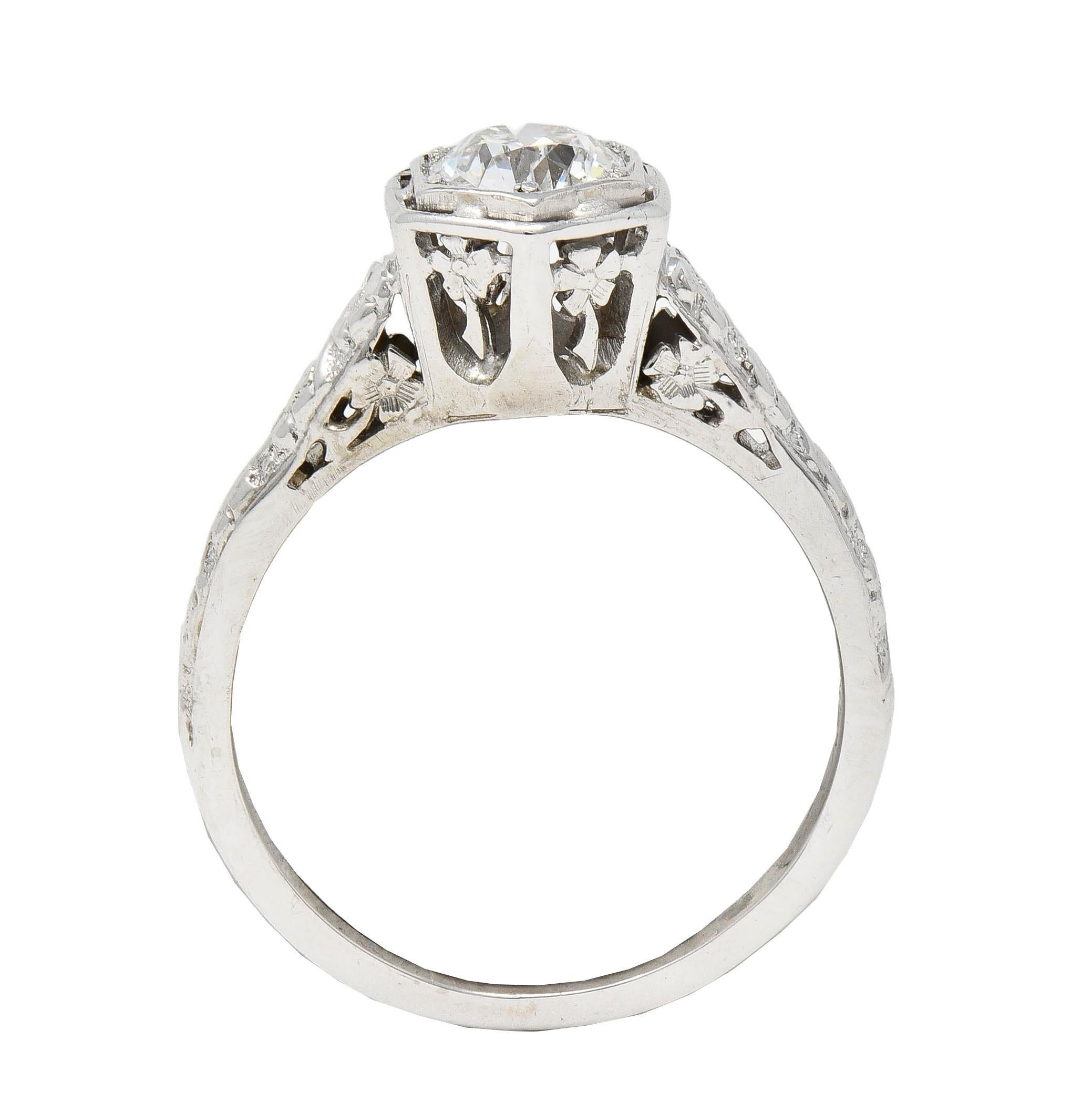 Old European Cut Glaser Bros. Art Deco European Diamond 18K Gold Vintage Floral Engagement Ring For Sale