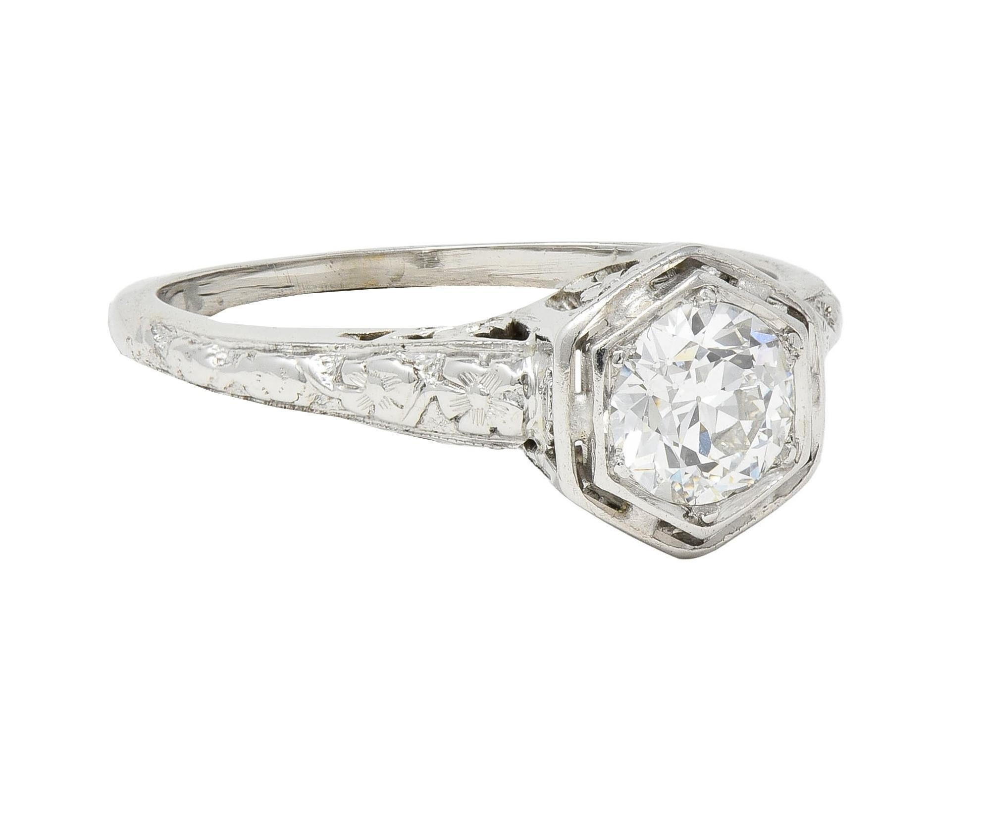 Glaser Bros. Art Deco European Diamond 18K Gold Vintage Floral Engagement Ring In Excellent Condition For Sale In Philadelphia, PA