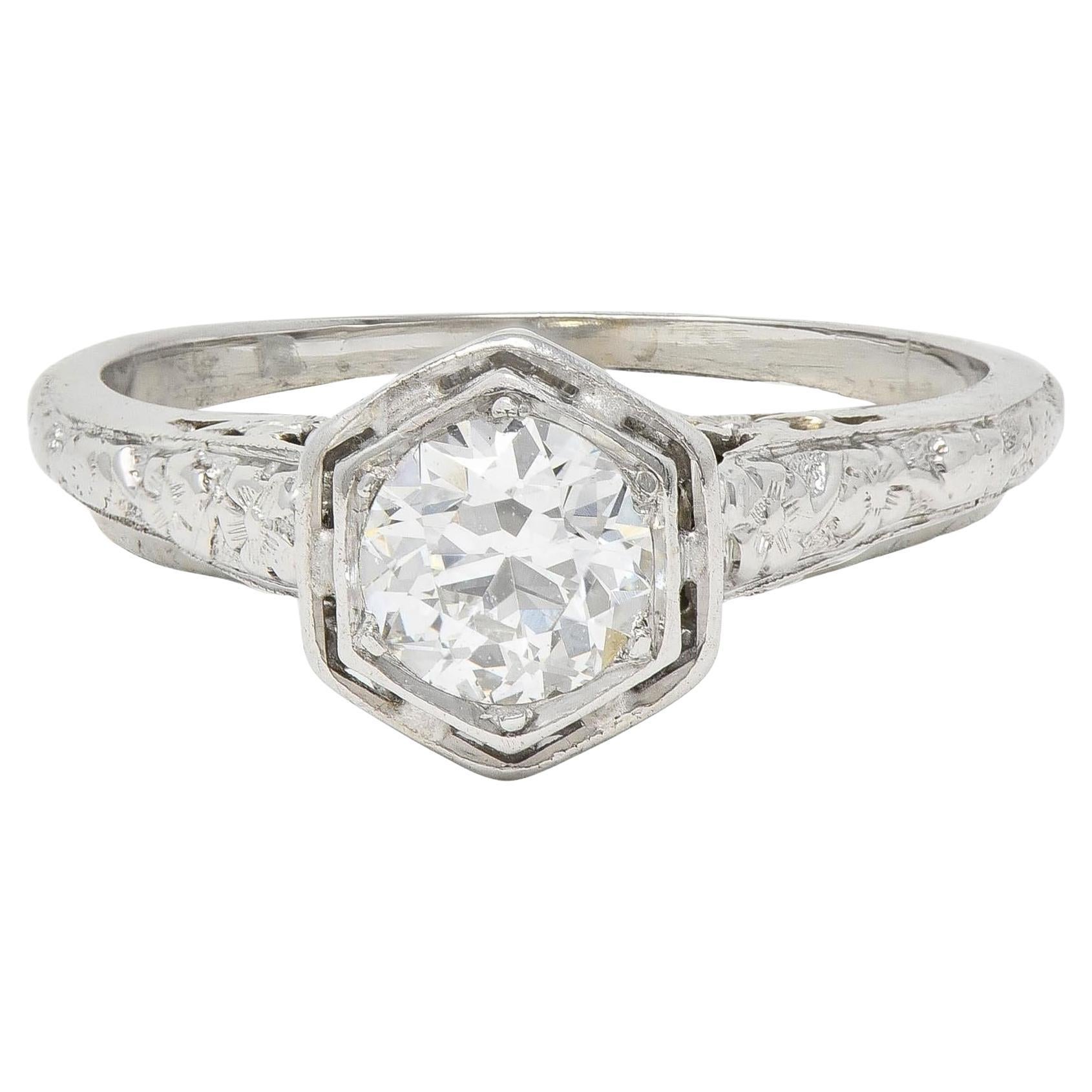 Glaser Bros. Bague de fiançailles Art déco vintage à fleurs en or 18 carats avec diamants européens