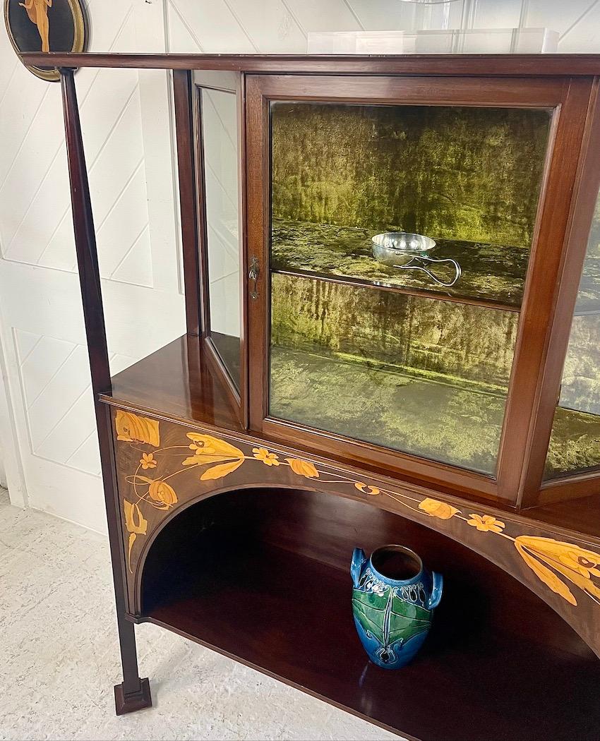 Arts and Crafts Glasgow School Mahogany Display Cabinet with Stylised Inlay Design For Sale