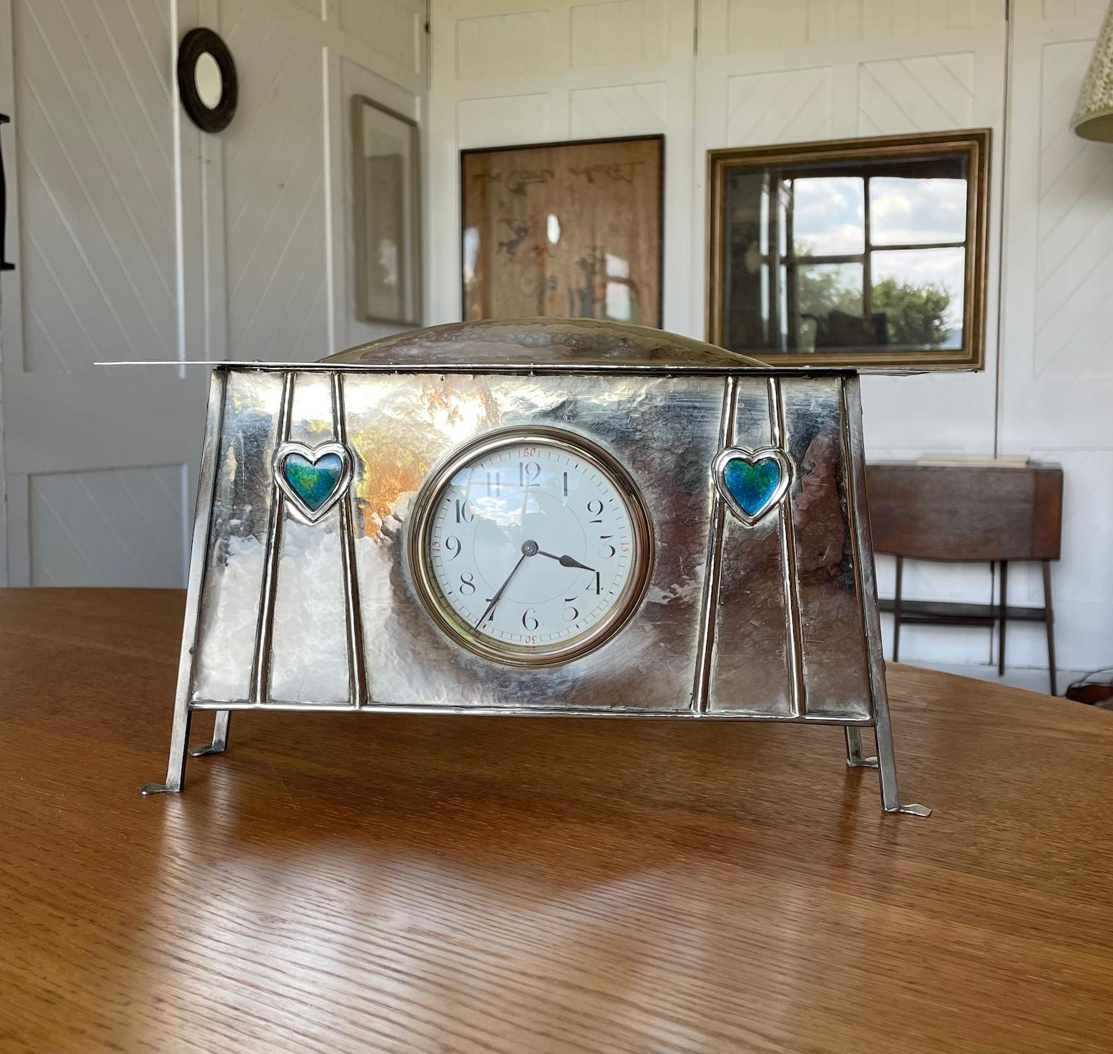 Arts and Crafts Glasgow School Mantel Clock With Inset Enamel Hearts