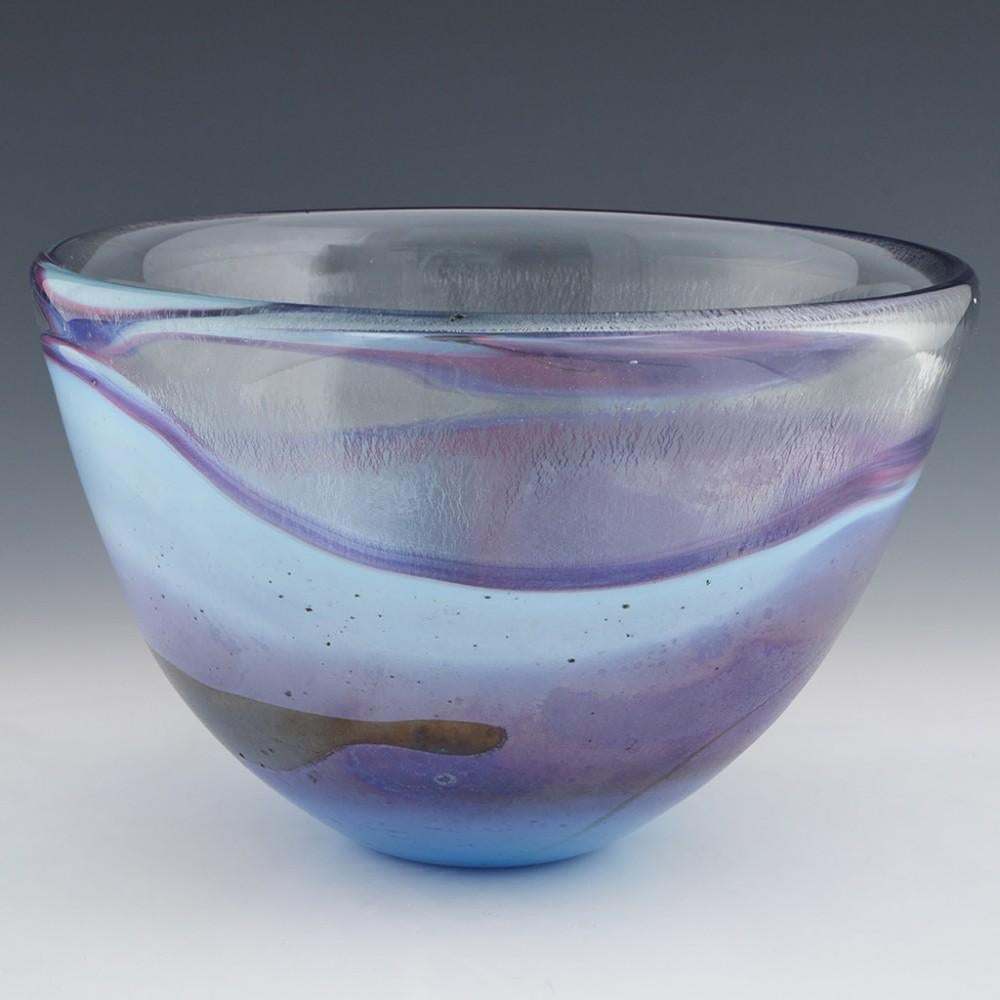 Glashaus Edelmann Large Bowl, Late 20th century

Additional information:
Date : Late 20th century
Origin : Rheinbach, Germany
Bowl Features :Swirling pale blue, purple, and green 
Marks :Signed GLashaus Edelmann
Type : Lead
Size : H 16.5 cm
