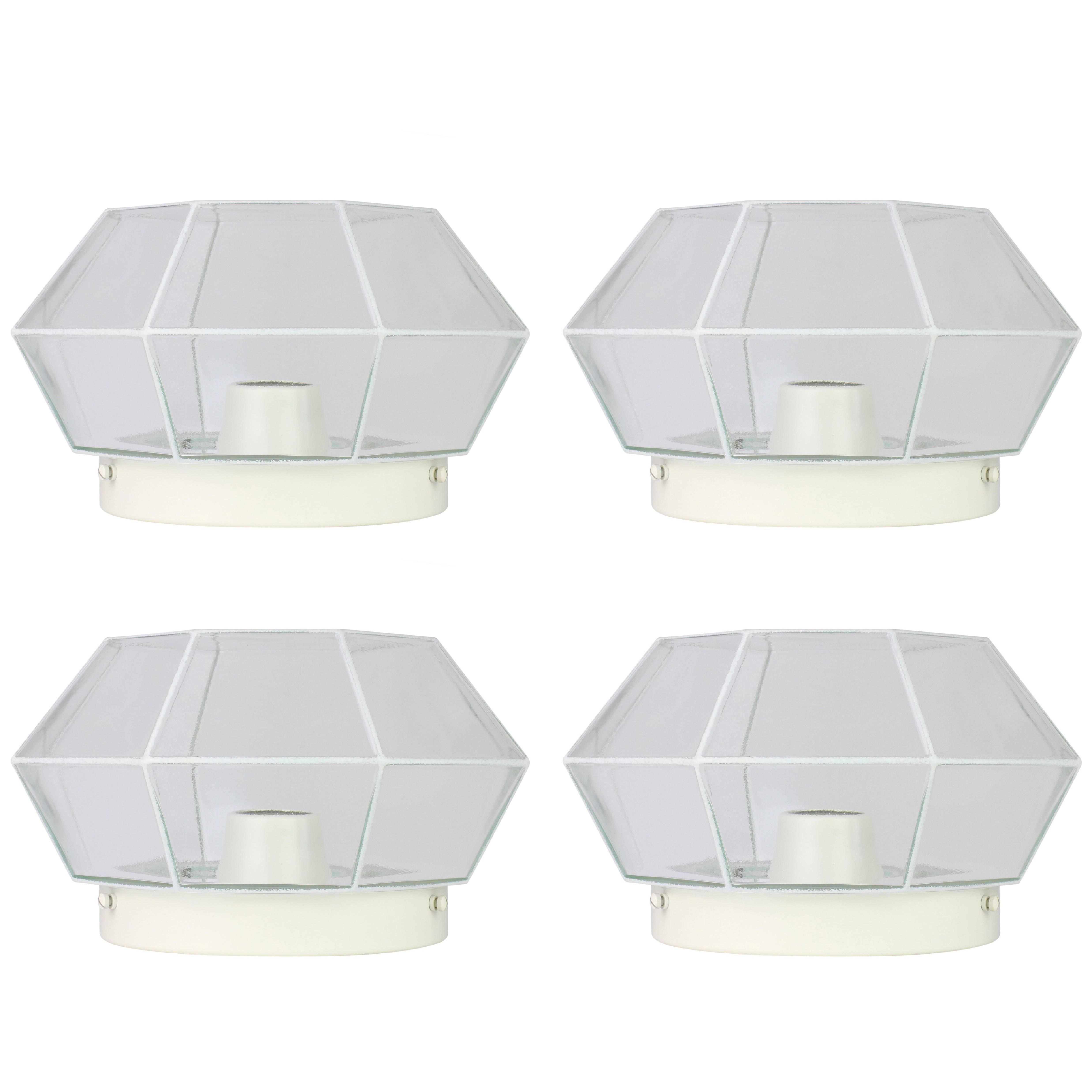 Glashütte Limburg Geometric Flush Mount Lights / Lamps White & Clear Glass 1970s