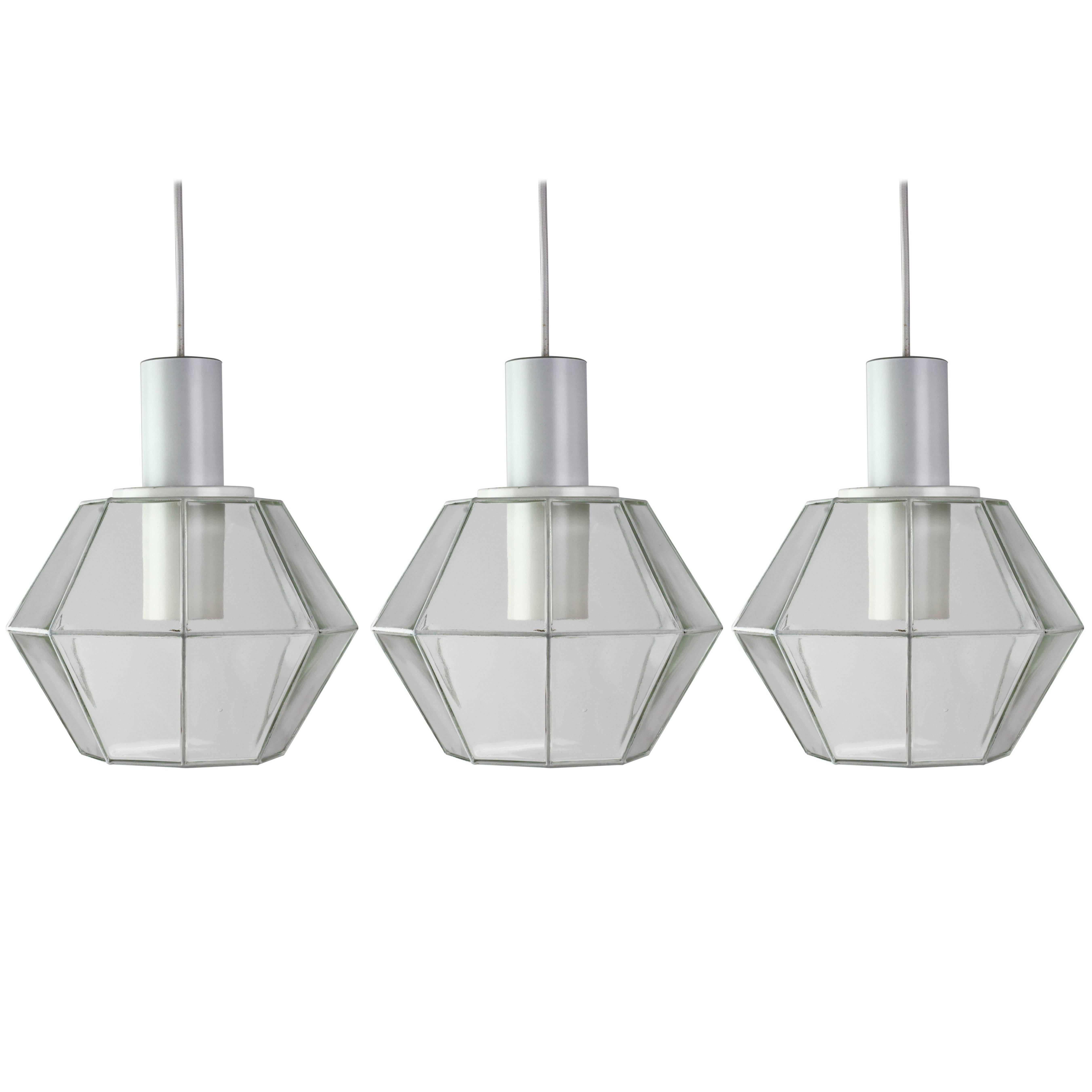 Glashütte Limburg Geometric Pendant Lights / Lamps White & Clear Glass 1970s