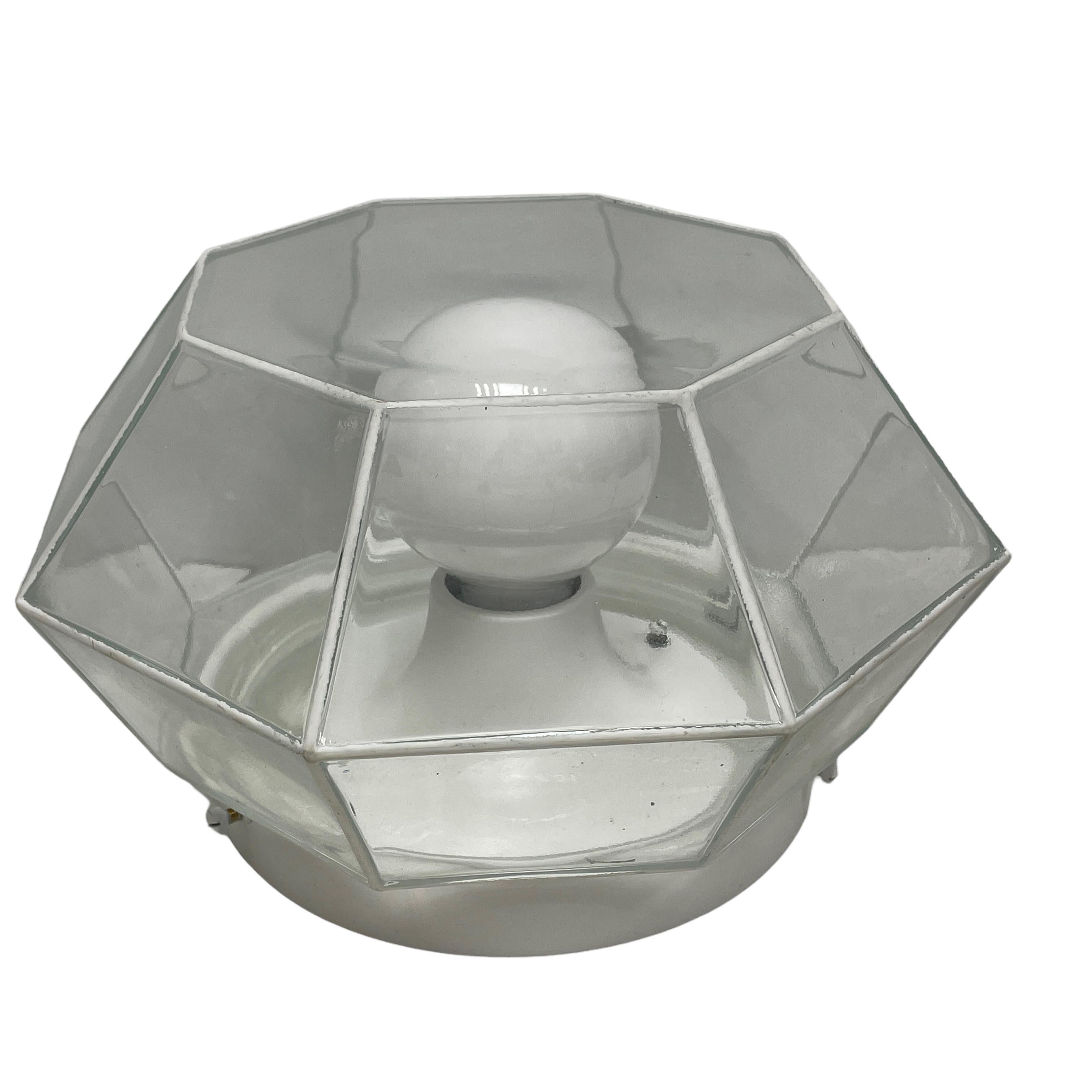 Mid-Century Modern Glashuette Limburg Geometric Flush Mount Light White & Clear Glass 1970s For Sale
