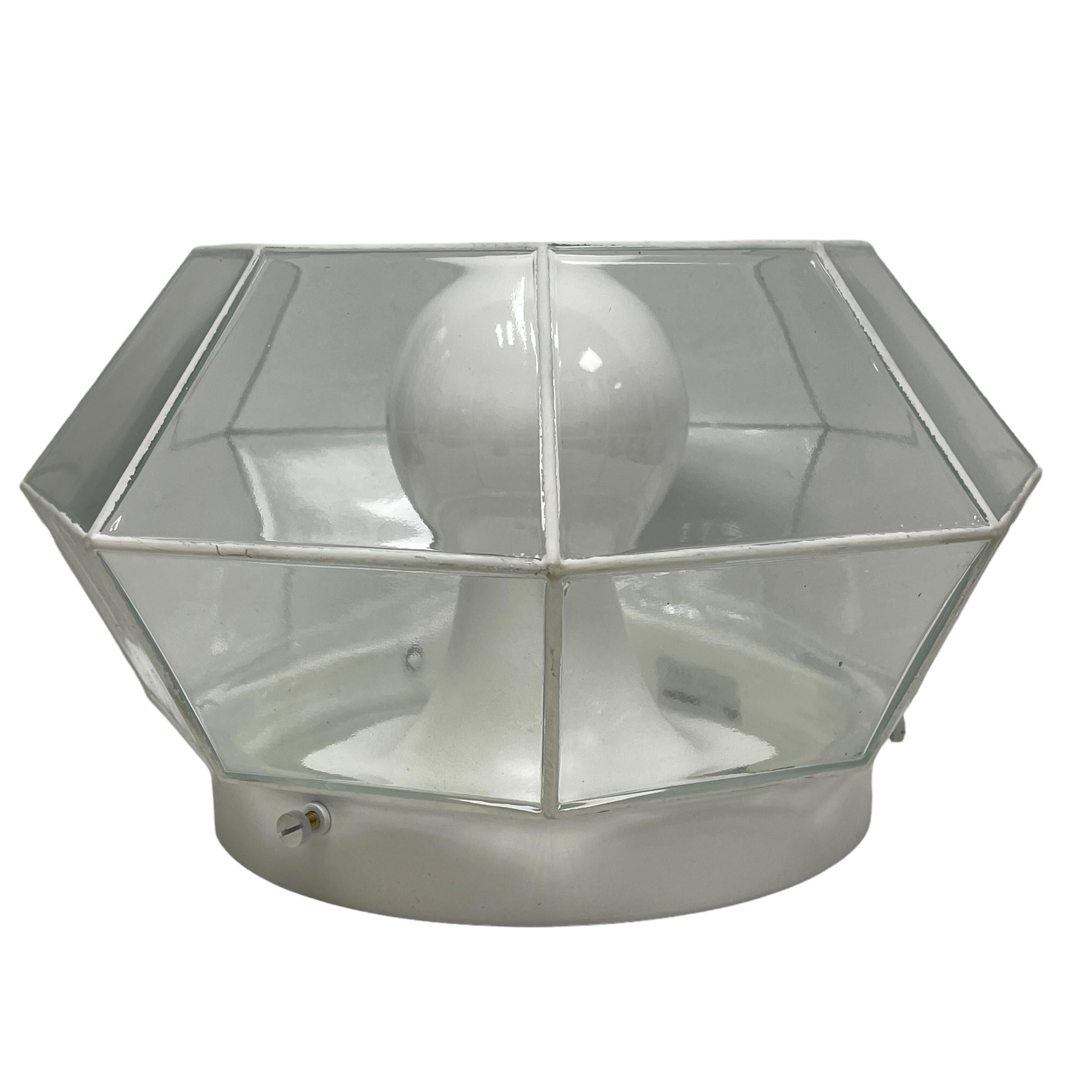 German Glashuette Limburg Geometric Flush Mount Light White & Clear Glass 1970s For Sale