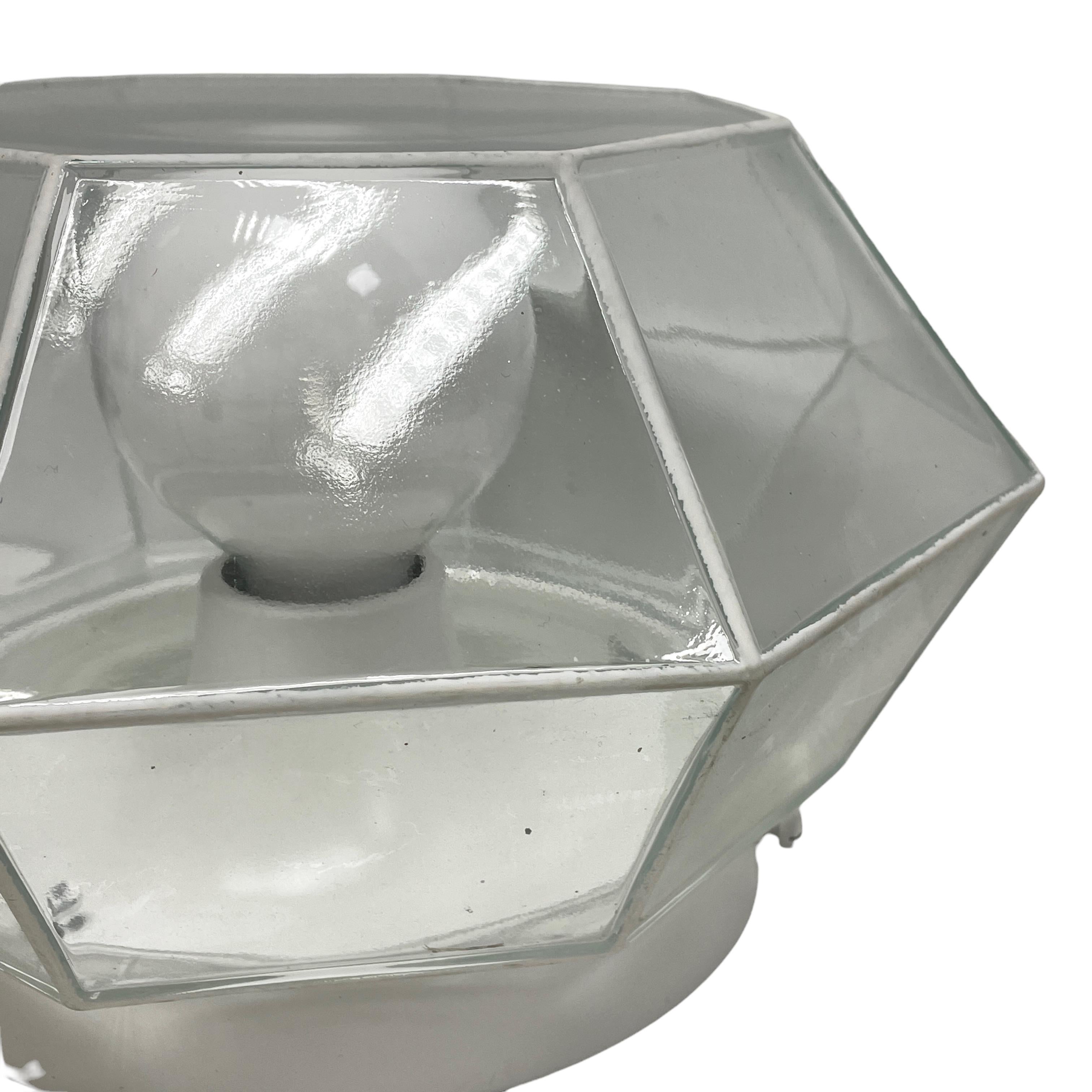 Late 20th Century Glashuette Limburg Geometric Flush Mount Light White & Clear Glass 1970s For Sale
