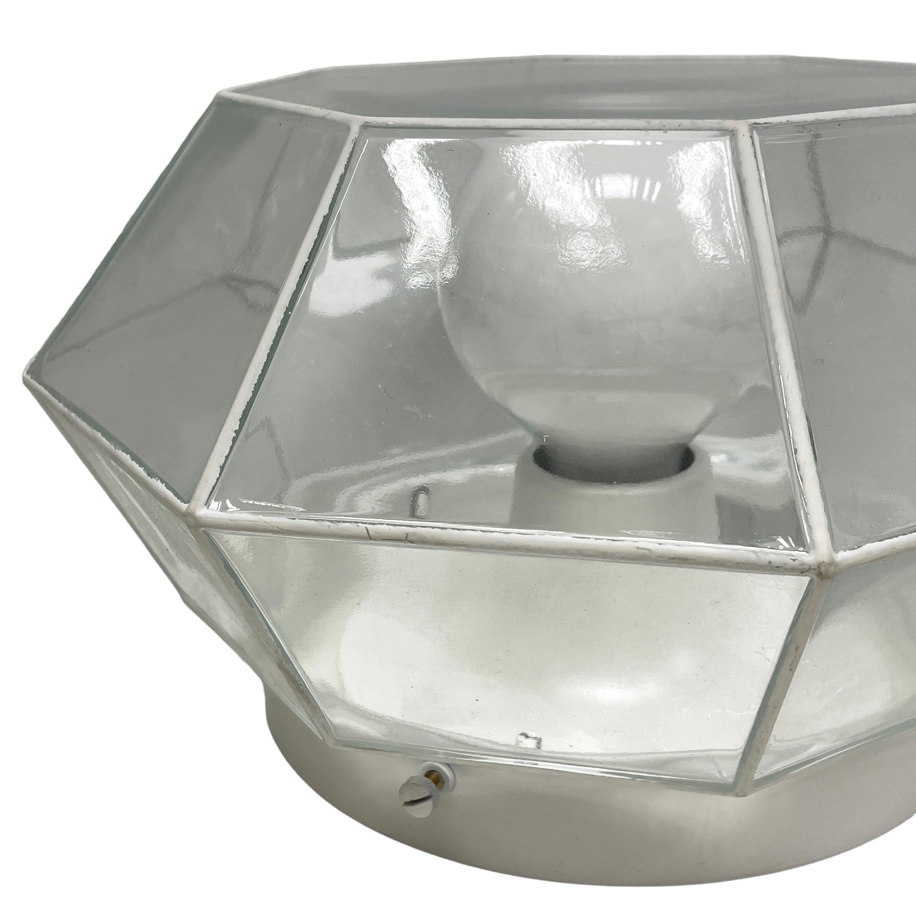 Metal Glashuette Limburg Geometric Flush Mount Light White & Clear Glass 1970s For Sale