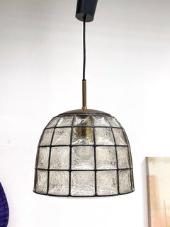Glashütte Limburg Midcentury Clear Glass and Brass Bell Pendant Lamp, 1960s