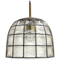 Glashütte Limburg Midcentury Clear Glass and Brass Bell Pendant Lamp, 1960s