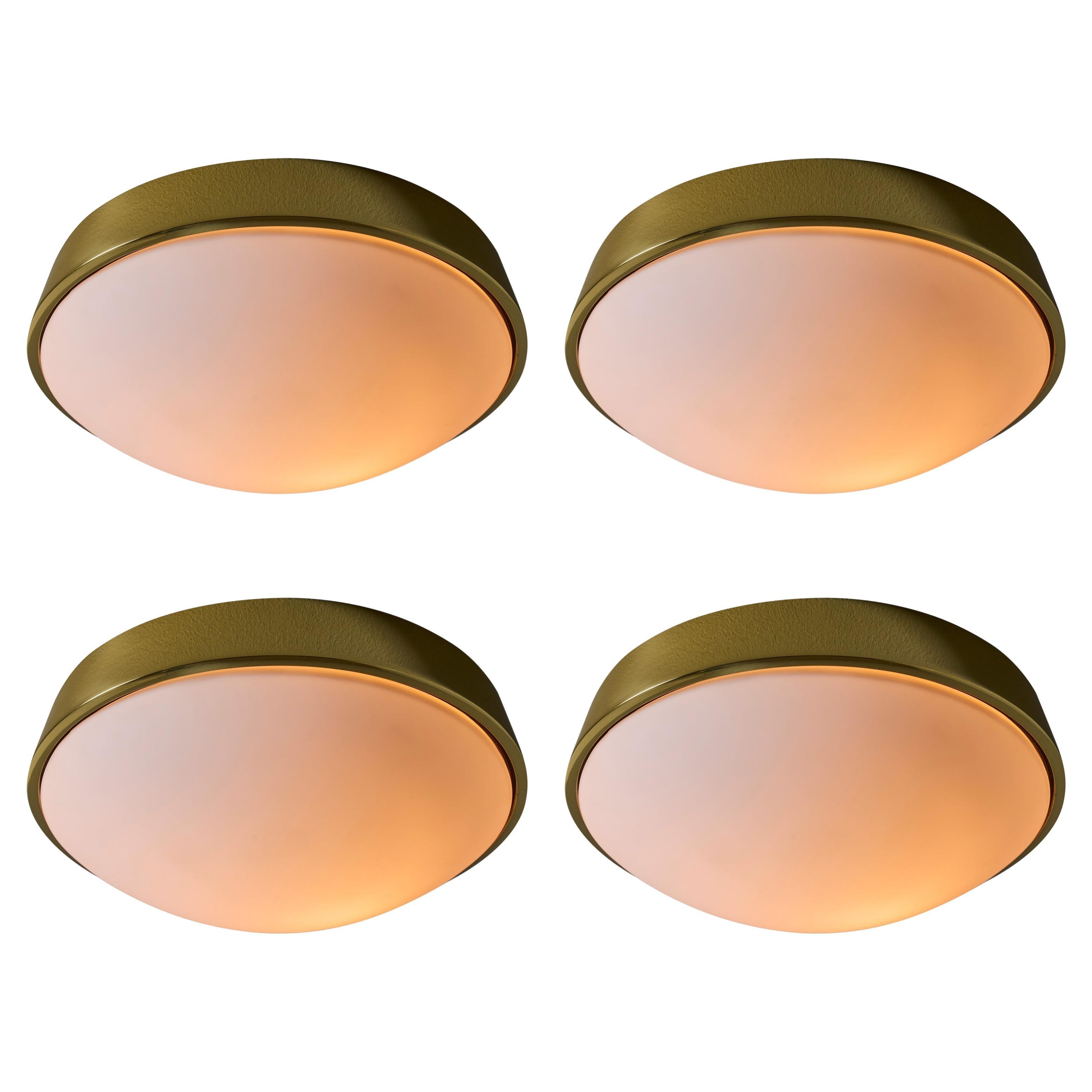 Glashütte Limburg Brass & Opaline Glass Flush Mount in the Manner of Stilnovo