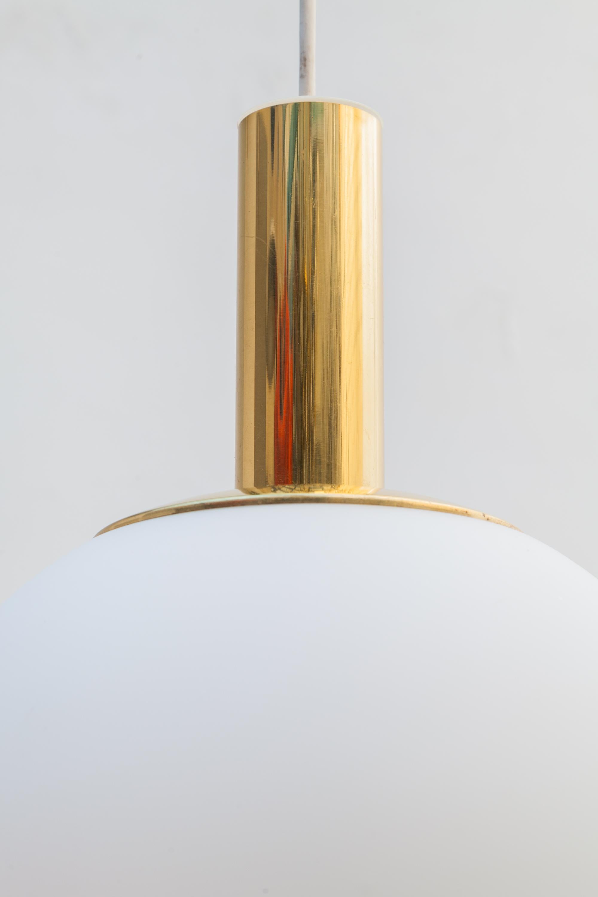 German Glashütte Limburg Brass Opaline Globe Pendants Set of Six, 1970s