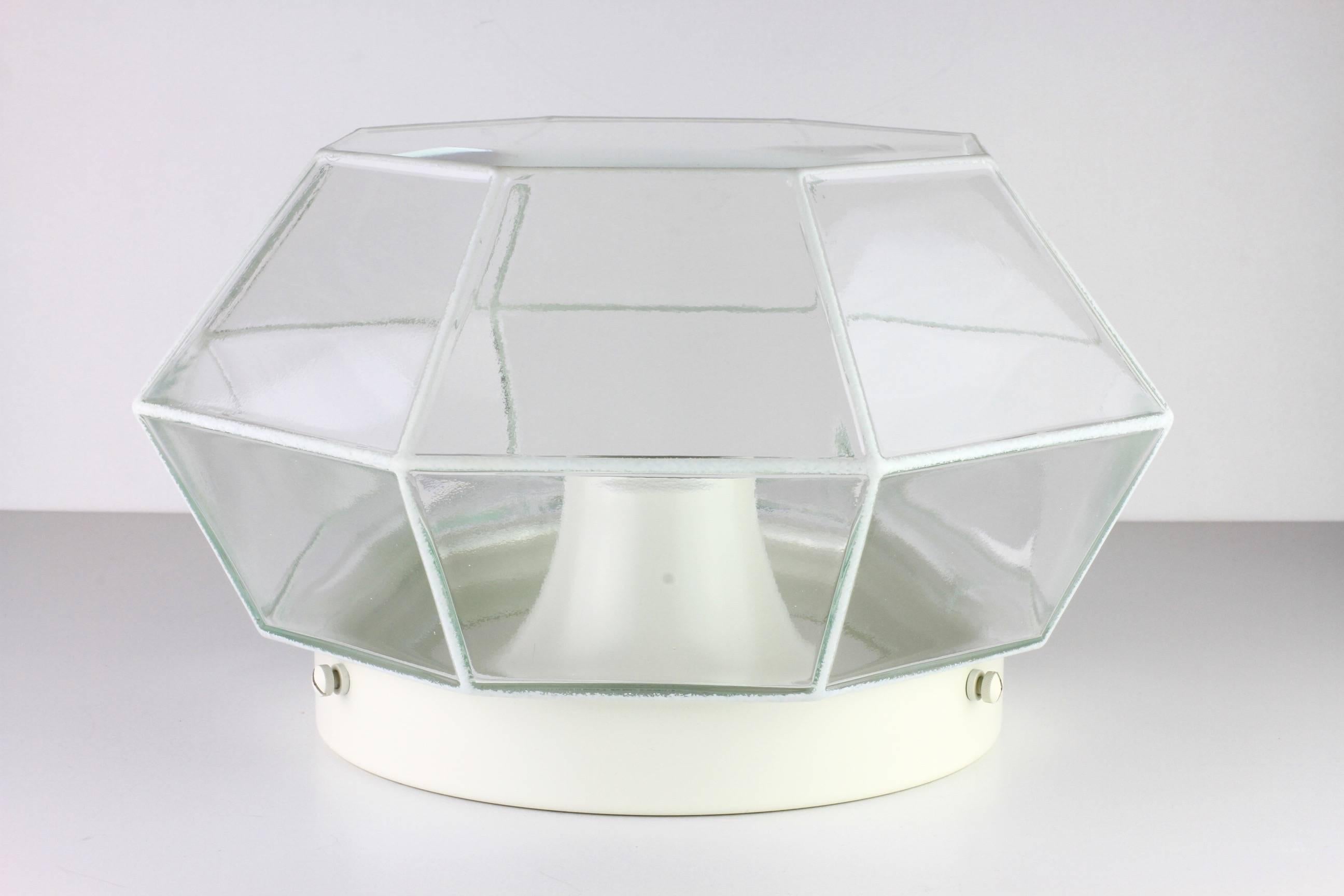 Mid-Century Modern Glashütte Limburg Geometric Flush Mount Lights / Lamps White & Clear Glass 1970s For Sale