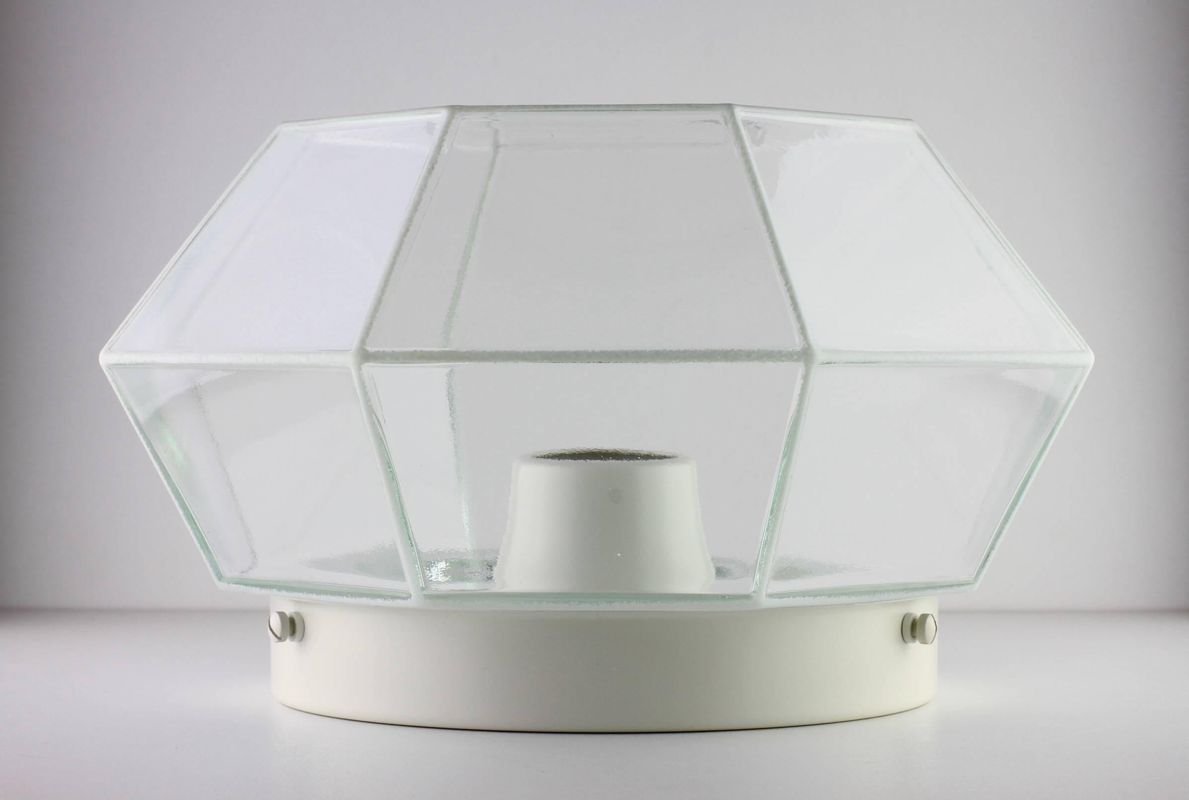 German Glashütte Limburg Geometric Flush Mount Lights / Lamps White & Clear Glass 1970s For Sale
