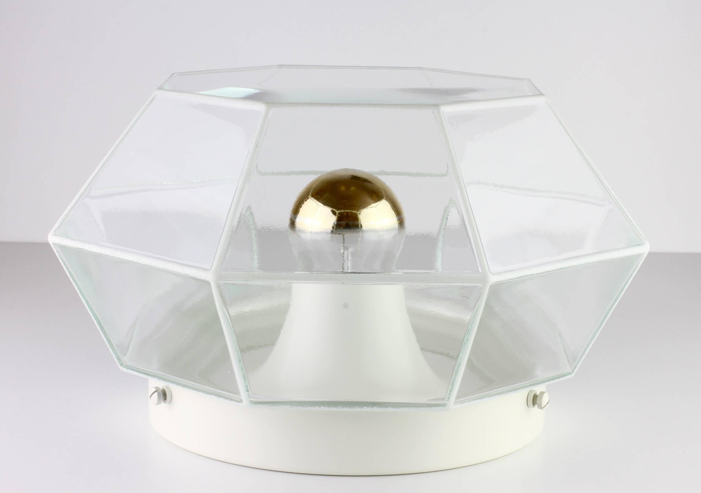 20th Century Glashütte Limburg Geometric Flush Mount Lights / Lamps White & Clear Glass 1970s For Sale