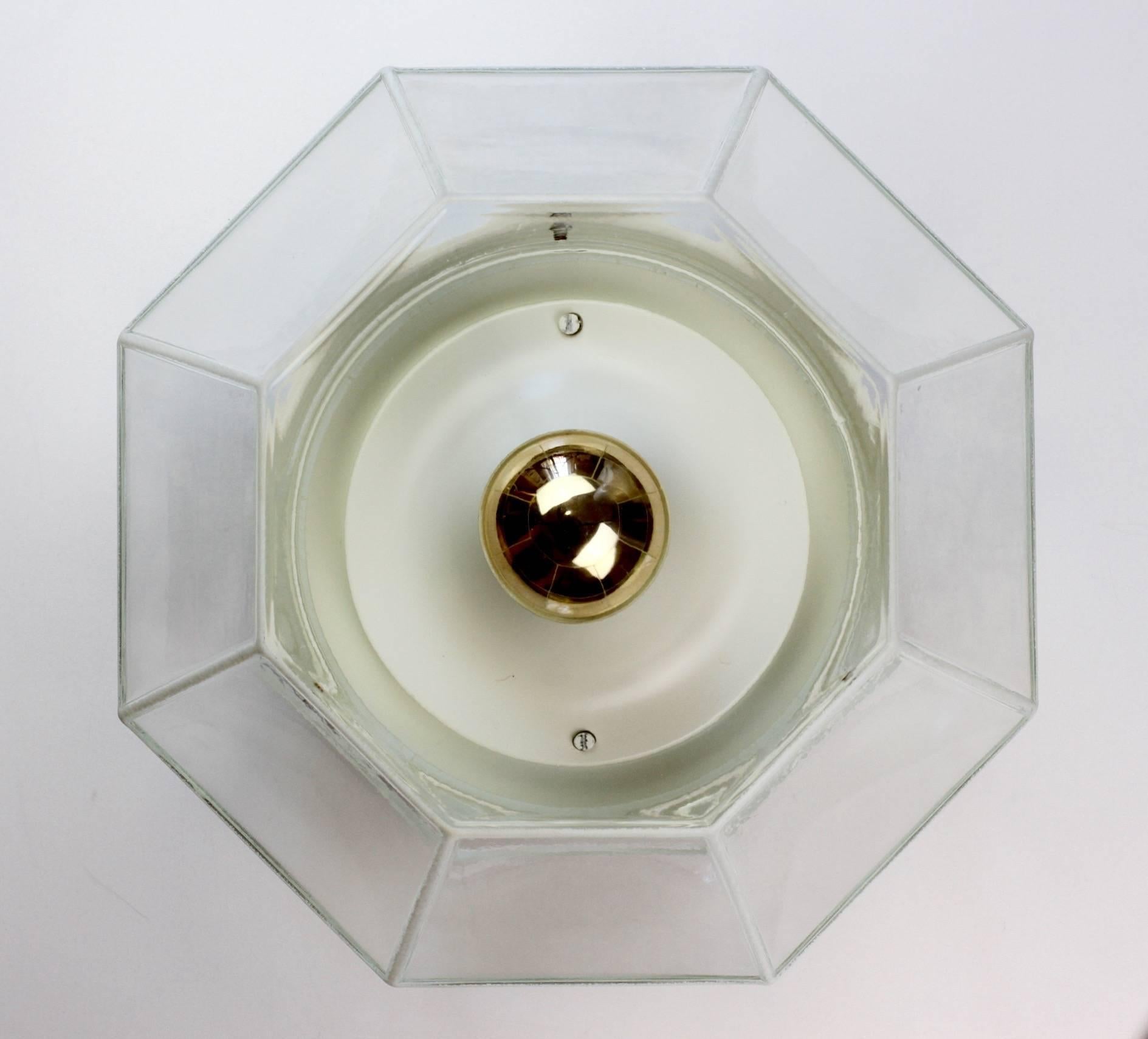 Metal Glashütte Limburg Geometric Flush Mount Lights / Lamps White & Clear Glass 1970s For Sale