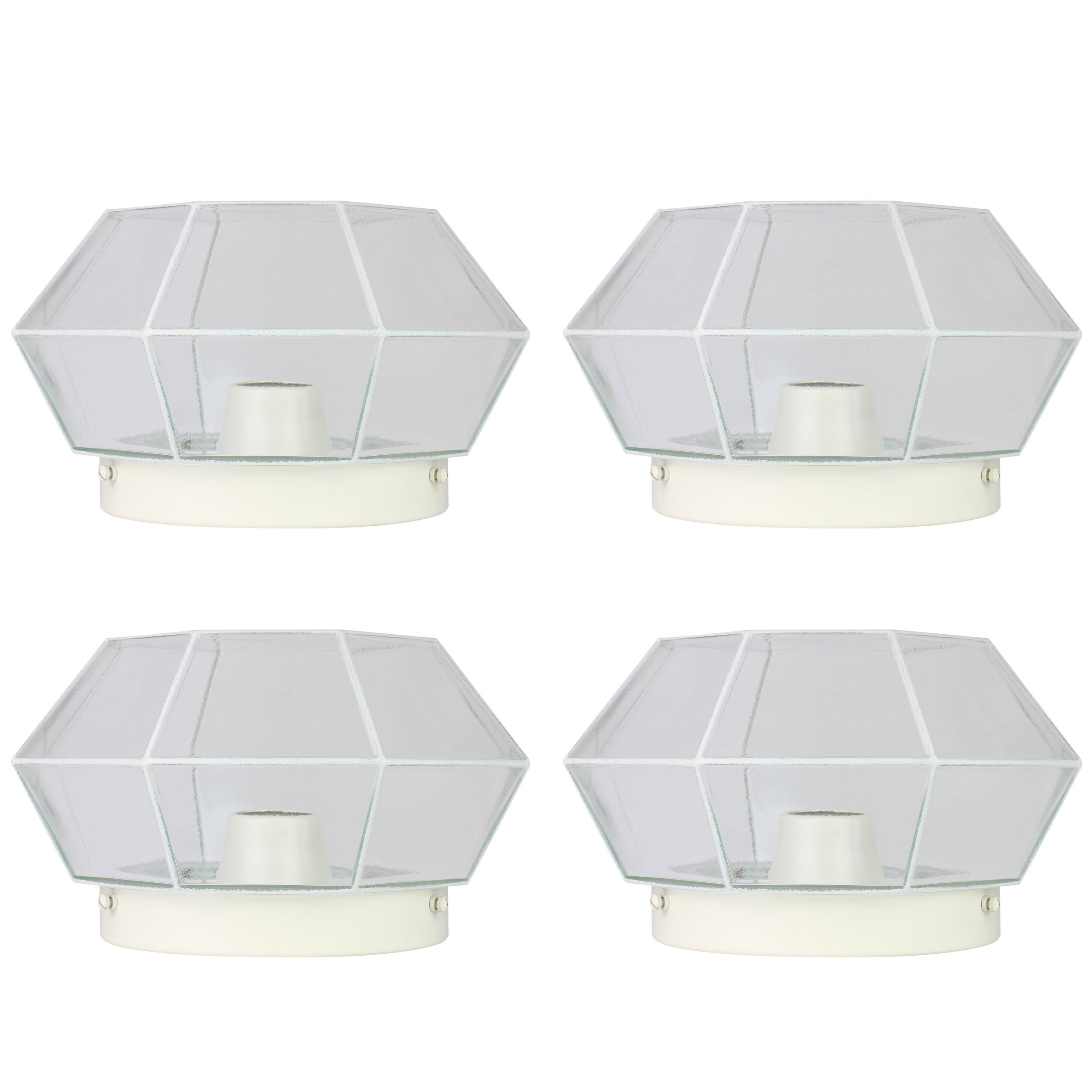 Glashütte Limburg Geometric Flush Mount Lights / Lamps White & Clear Glass 1970s For Sale