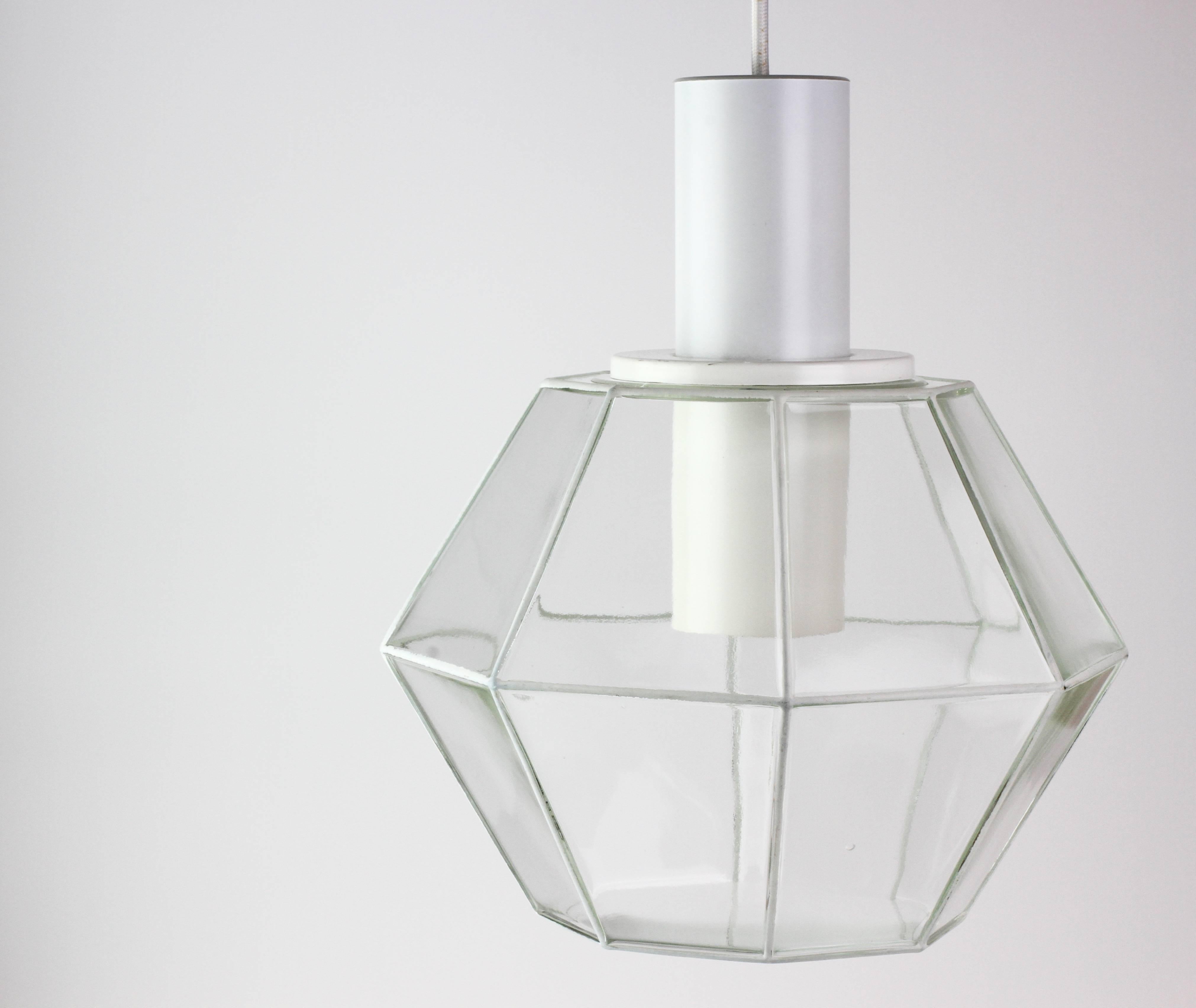 Mid-Century Modern Limburg 1 of 4 Vintage 1970s Geometric White & Clear Glass Pendant Lights Lamps For Sale