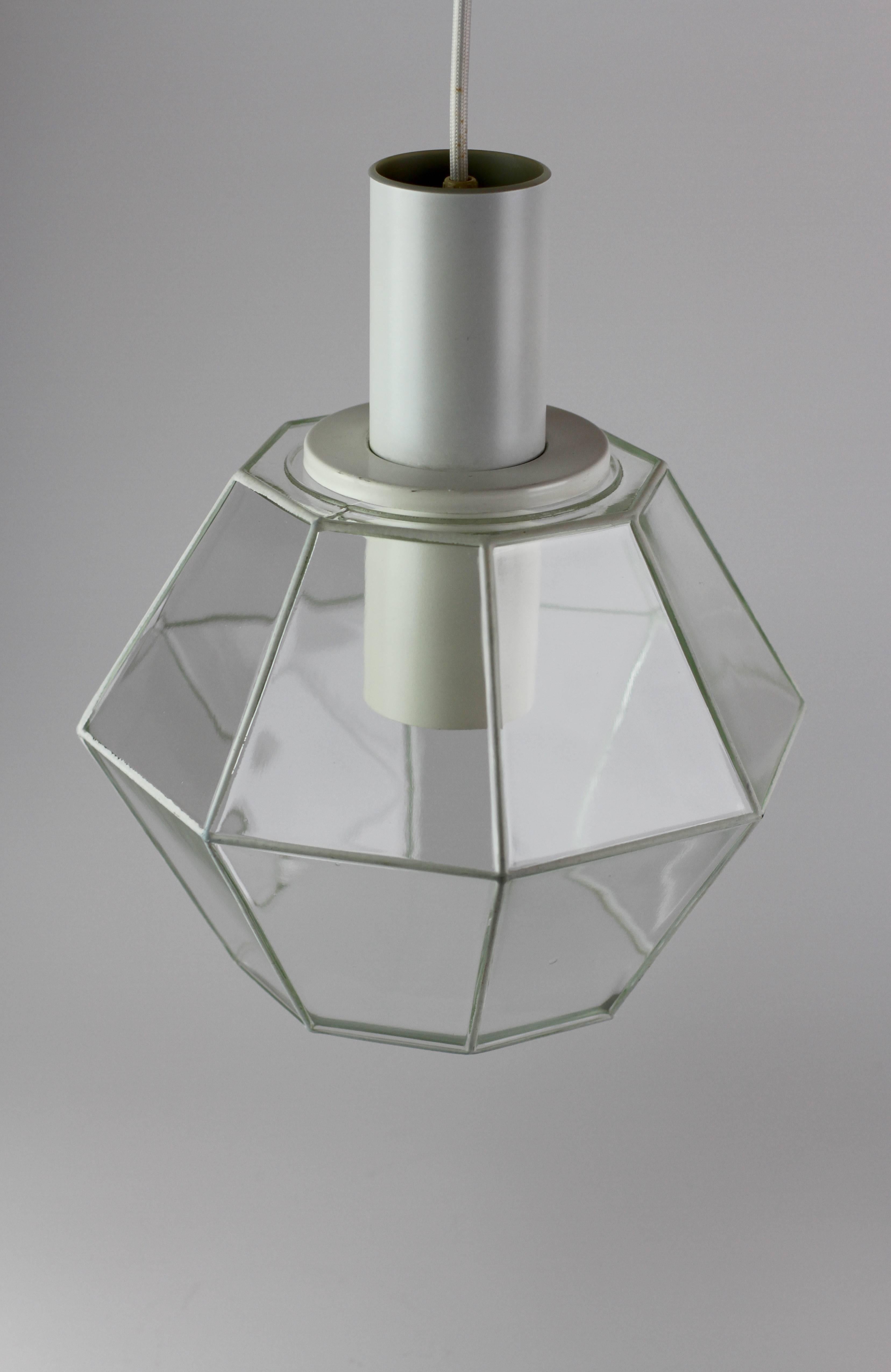 Molded Limburg 1 of 4 Vintage 1970s Geometric White & Clear Glass Pendant Lights Lamps For Sale