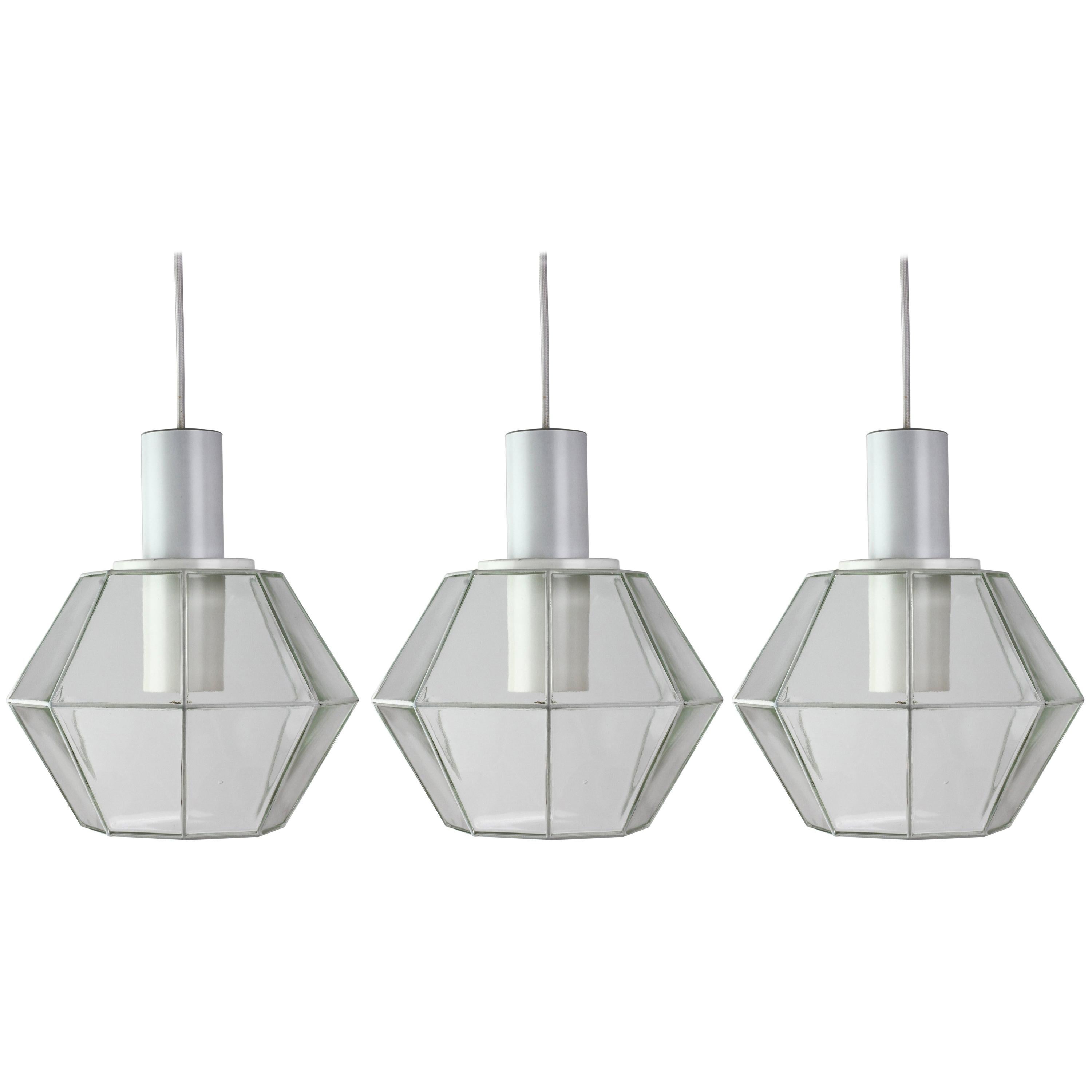 Limburg 1 of 4 Vintage 1970s Geometric White & Clear Glass Pendant Lights Lamps